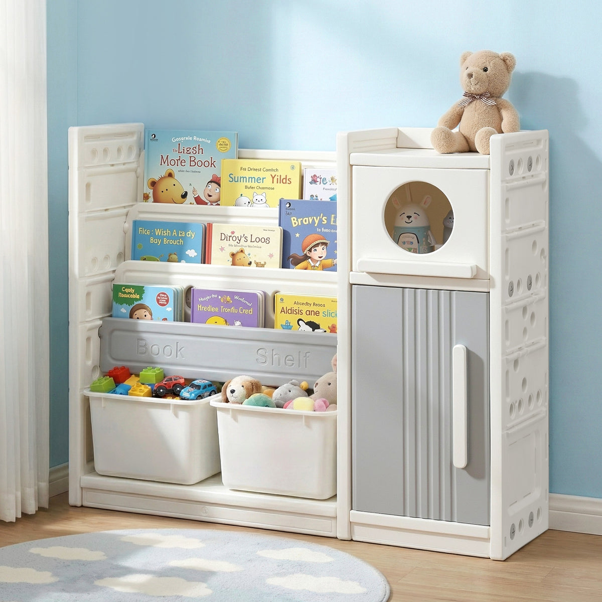 Keezi Kids Bookshelf and Toy Storage Organizer with 3-Tier Bookshelvs, 2 Removable Bins and 2 Storage KPS-BOOK3T-MUL-BG