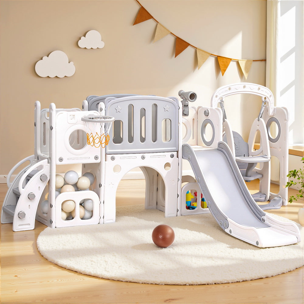Keezi Kids Slide Swing Set Basketball Hoop Ring Football Outdoor Toys 132cm grey KPS-SLIDE-1125-4IN1-GR