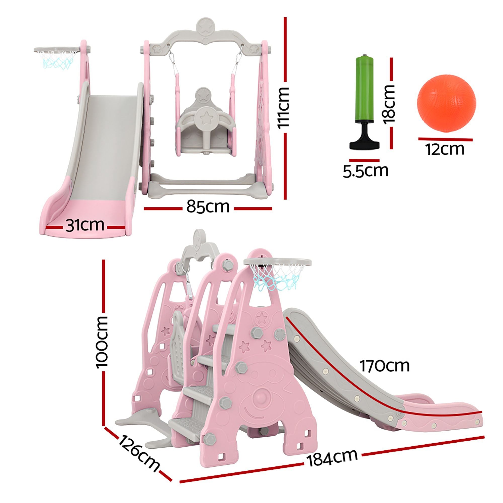 Keezi Kids Slide Swing Set Basketball Hoop Outdoor Playground Toys 170cm Pink KPS-SLIDE-2160-PK