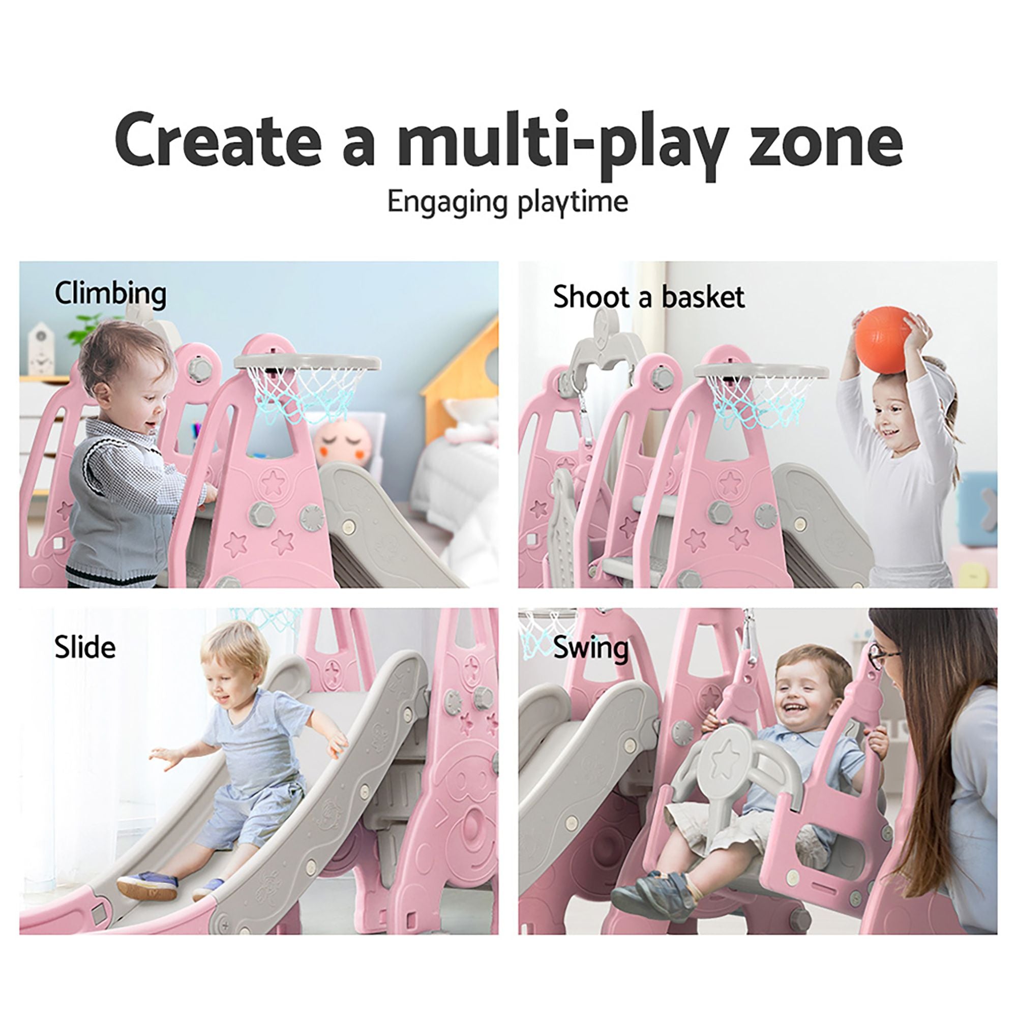 Keezi Kids Slide Swing Set Basketball Hoop Outdoor Playground Toys 170cm Pink KPS-SLIDE-2160-PK