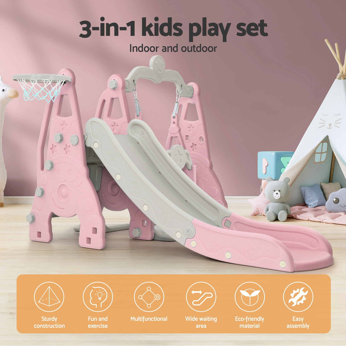 Keezi Kids Slide Swing Set Basketball Hoop Outdoor Playground Toys 170cm Pink KPS-SLIDE-2160-PK