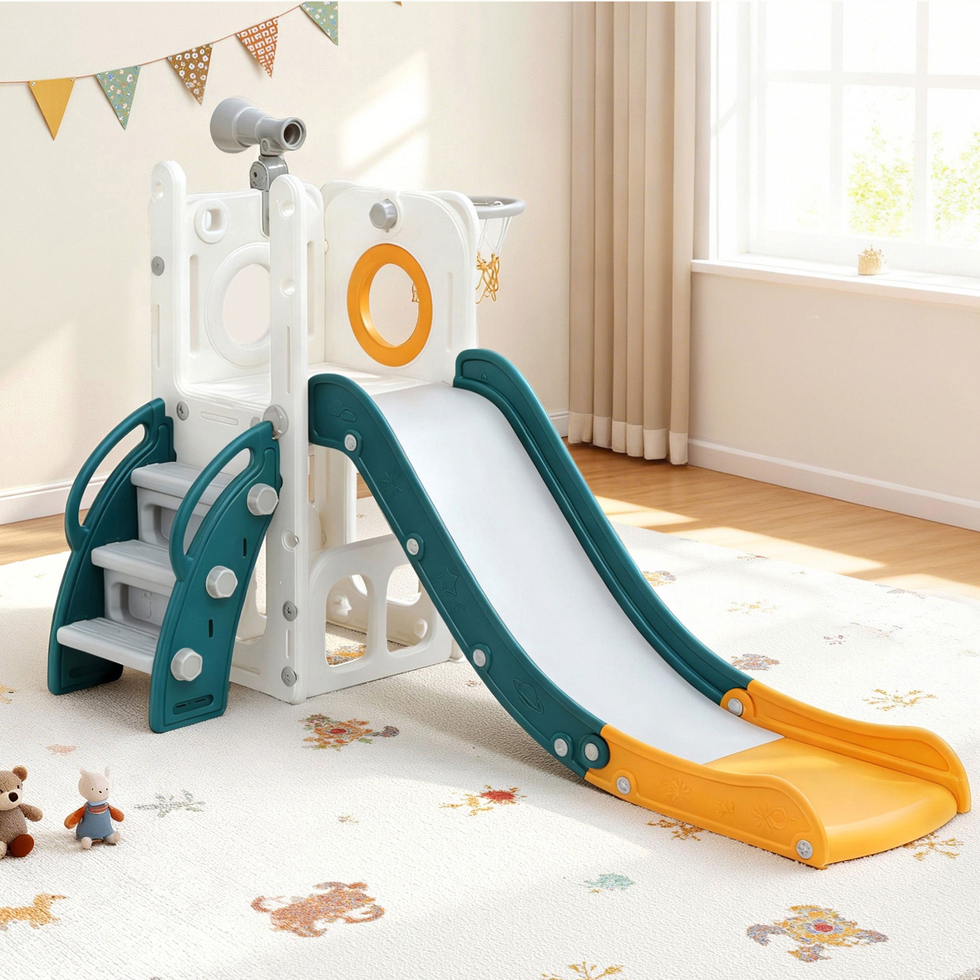 Keezi Kids Slide Set Basketball Hoop Outdoor Playground Outdoor Toys Telescope Storage KPS-SLIDE-B899-GN