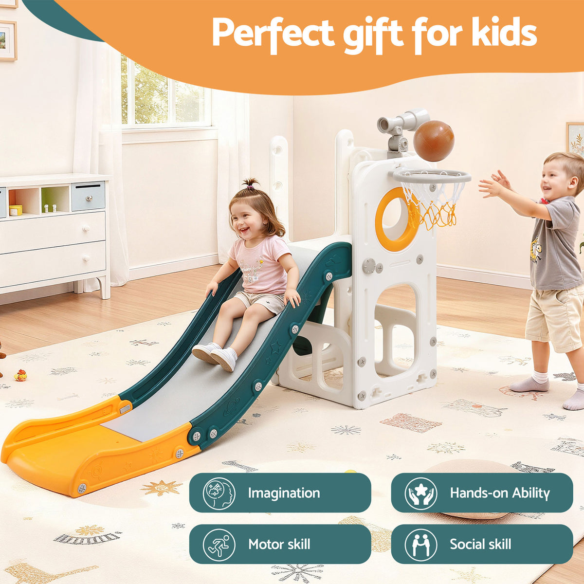 Keezi Kids Slide Set Basketball Hoop Outdoor Playground Outdoor Toys Telescope Storage KPS-SLIDE-B899-GN