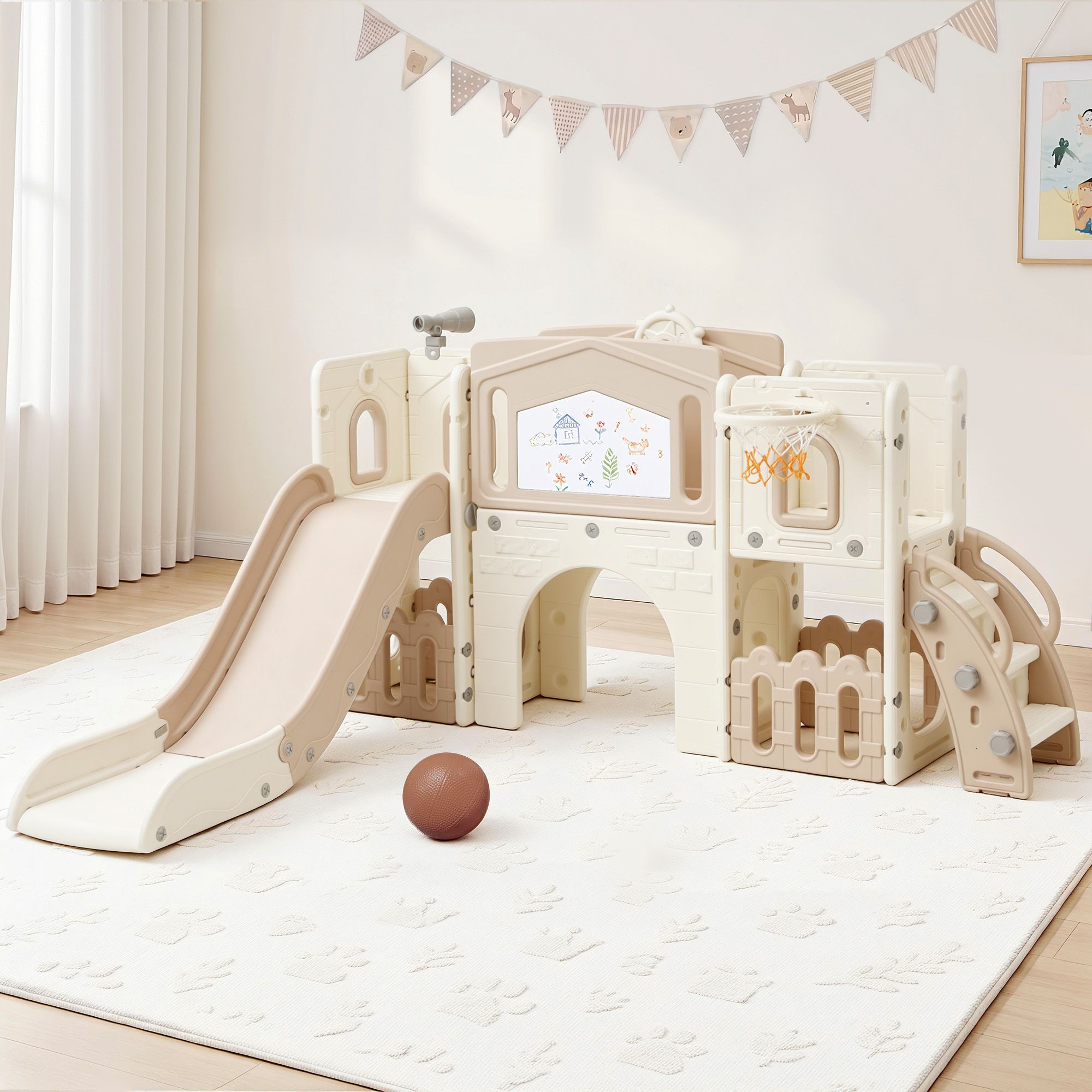 Keezi Kids Slide Set Toddler Indoor Playset With Drawing Board Beige KPS-SLIDE-BOARD-BE