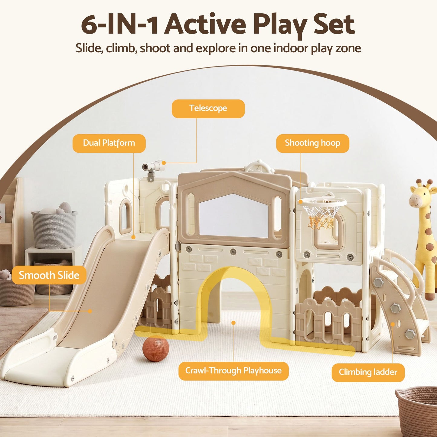 Keezi Kids Slide Set Toddler Indoor Playset With Drawing Board Beige KPS-SLIDE-BOARD-BE