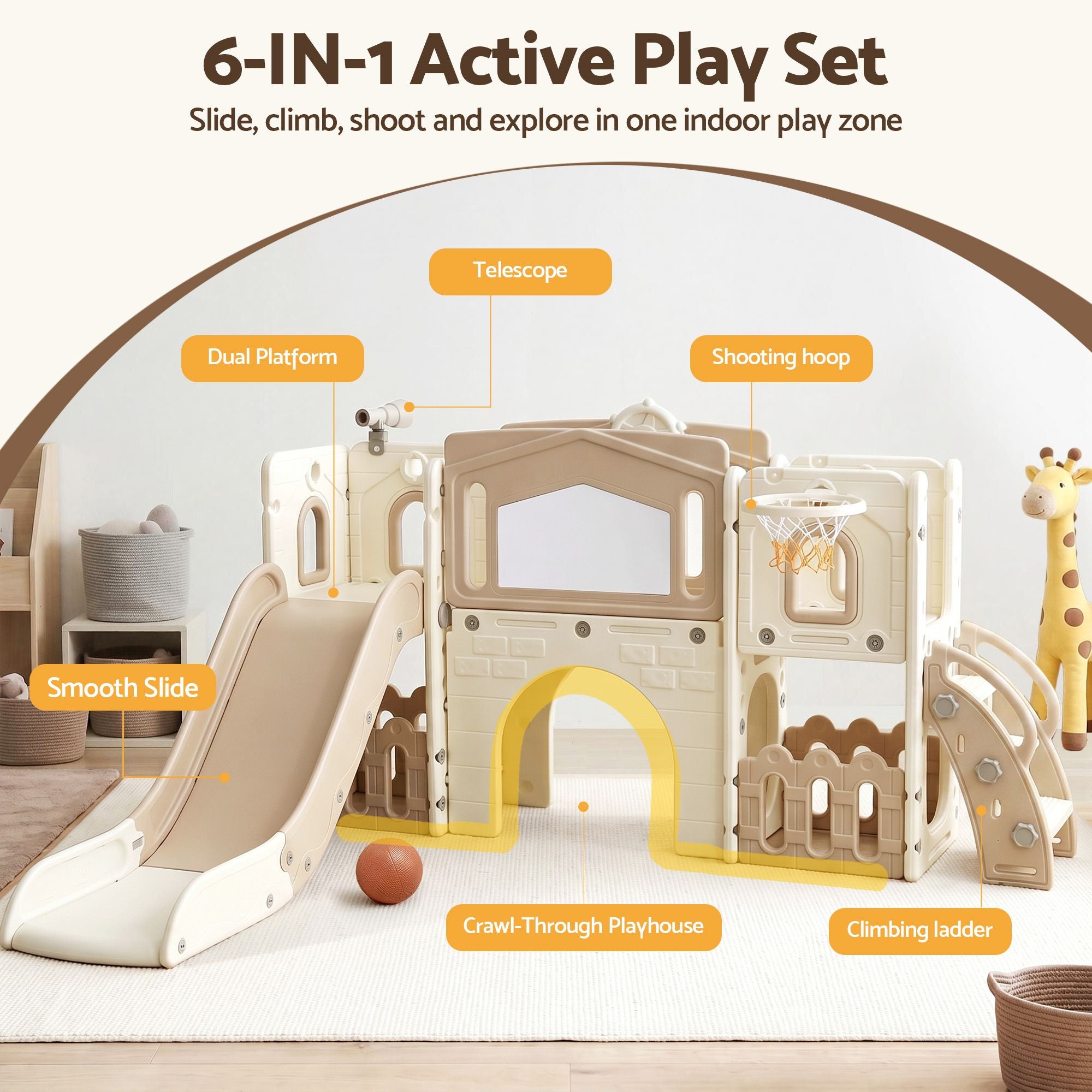 Keezi Kids Slide Set Toddler Indoor Playset With Drawing Board Beige KPS-SLIDE-BOARD-BE
