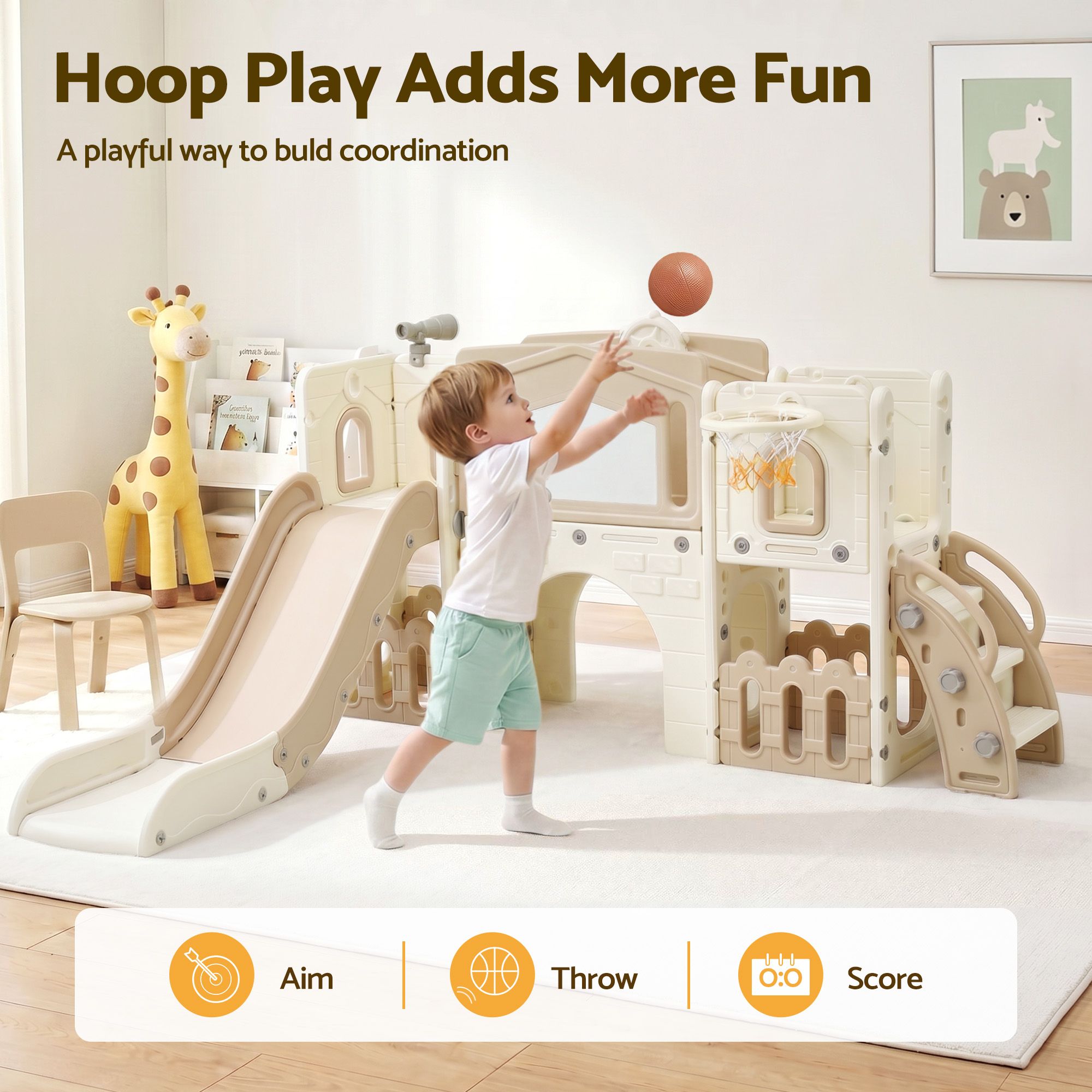 Keezi Kids Slide Set Toddler Indoor Playset With Drawing Board Beige KPS-SLIDE-BOARD-BE