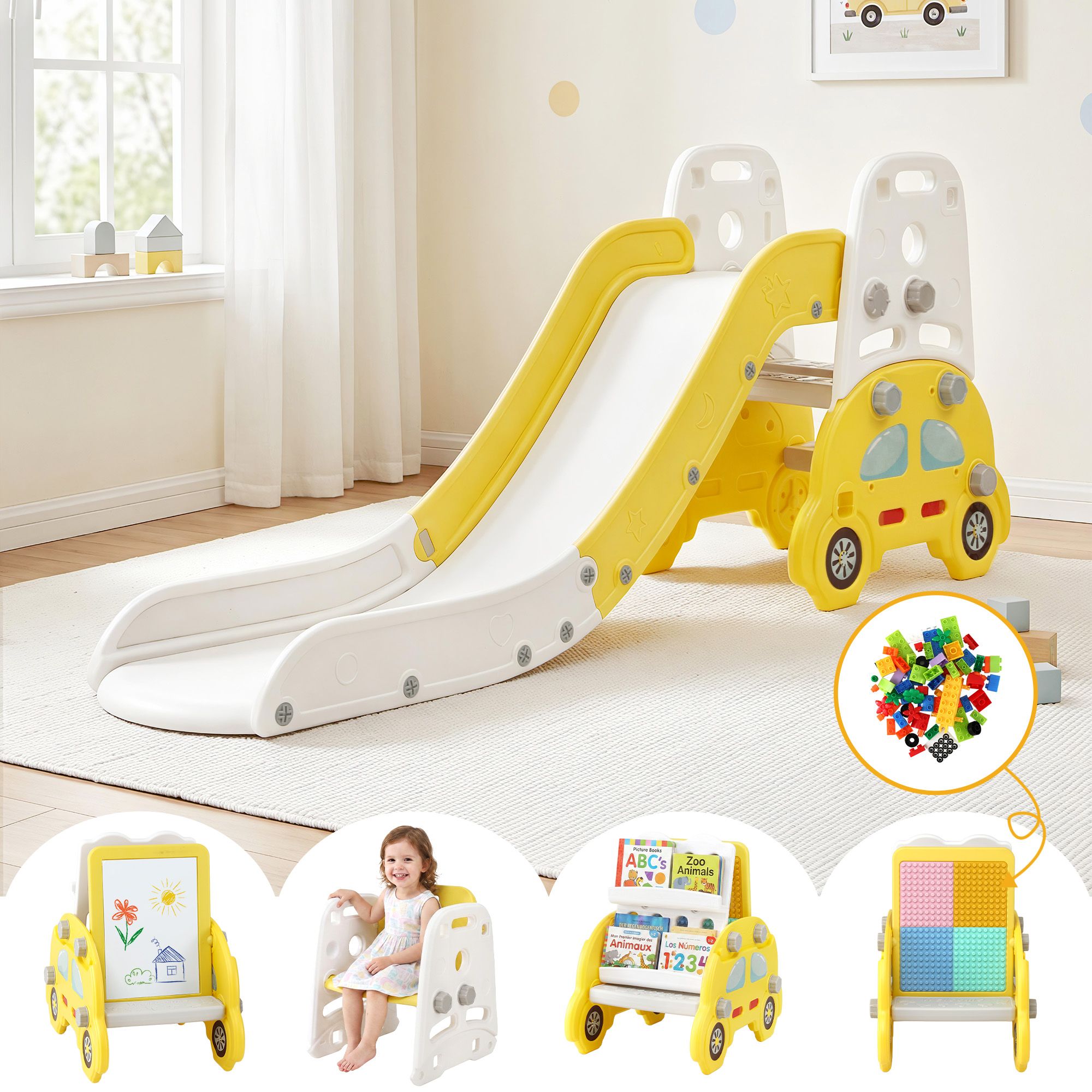 Keezi Kids Slide Set Toddler Indoor Playset Bookshelf Drawing Board Yellow KPS-SLIDE-CAR-YE