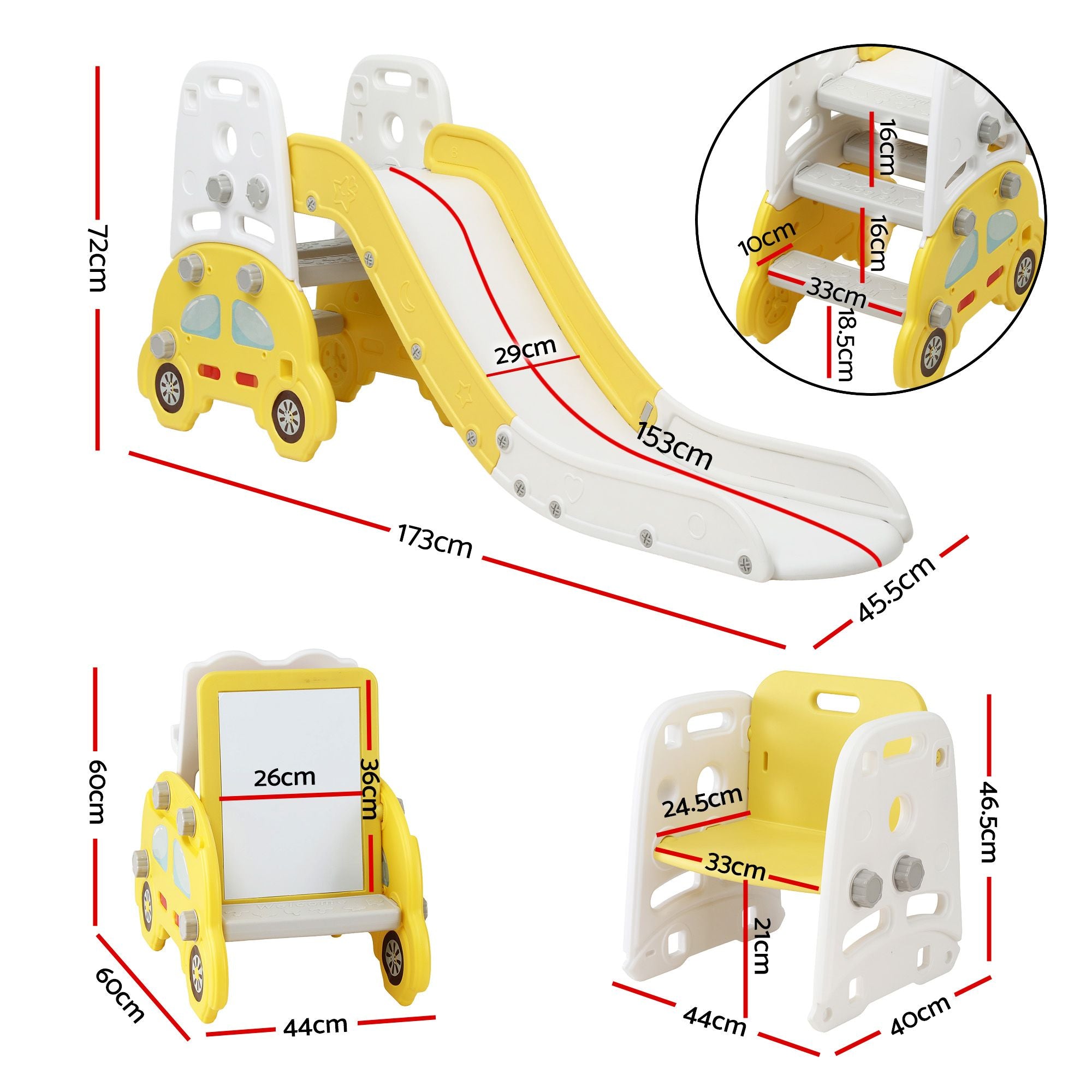 Keezi Kids Slide Set Toddler Indoor Playset Bookshelf Drawing Board Yellow KPS-SLIDE-CAR-YE