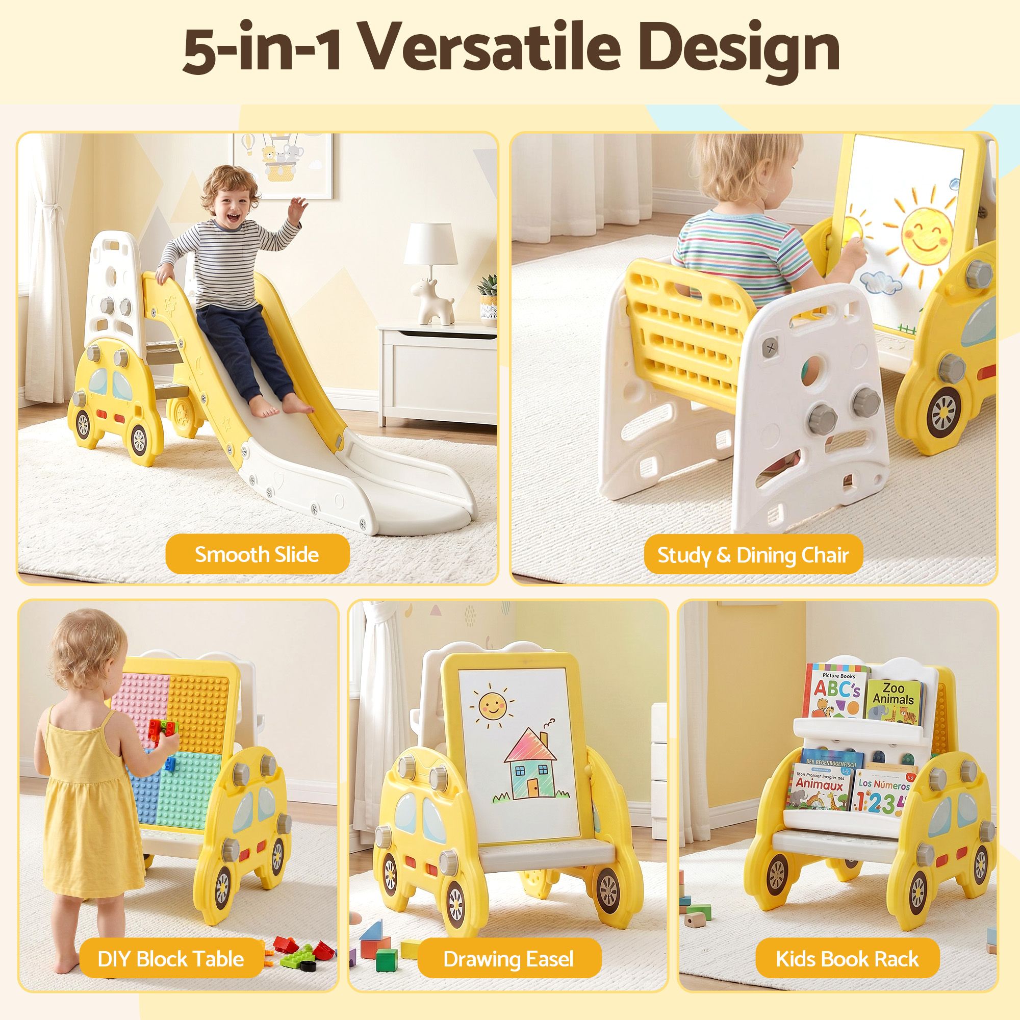 Keezi Kids Slide Set Toddler Indoor Playset Bookshelf Drawing Board Yellow KPS-SLIDE-CAR-YE