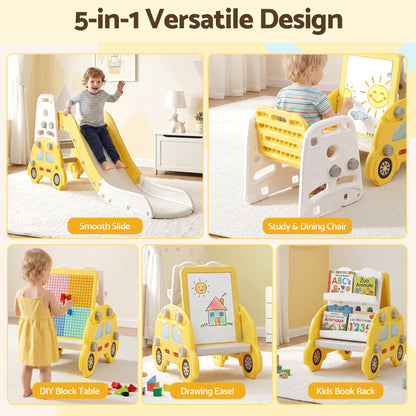 Keezi Kids Slide Set Toddler Indoor Playset Bookshelf Drawing Board Yellow KPS-SLIDE-CAR-YE