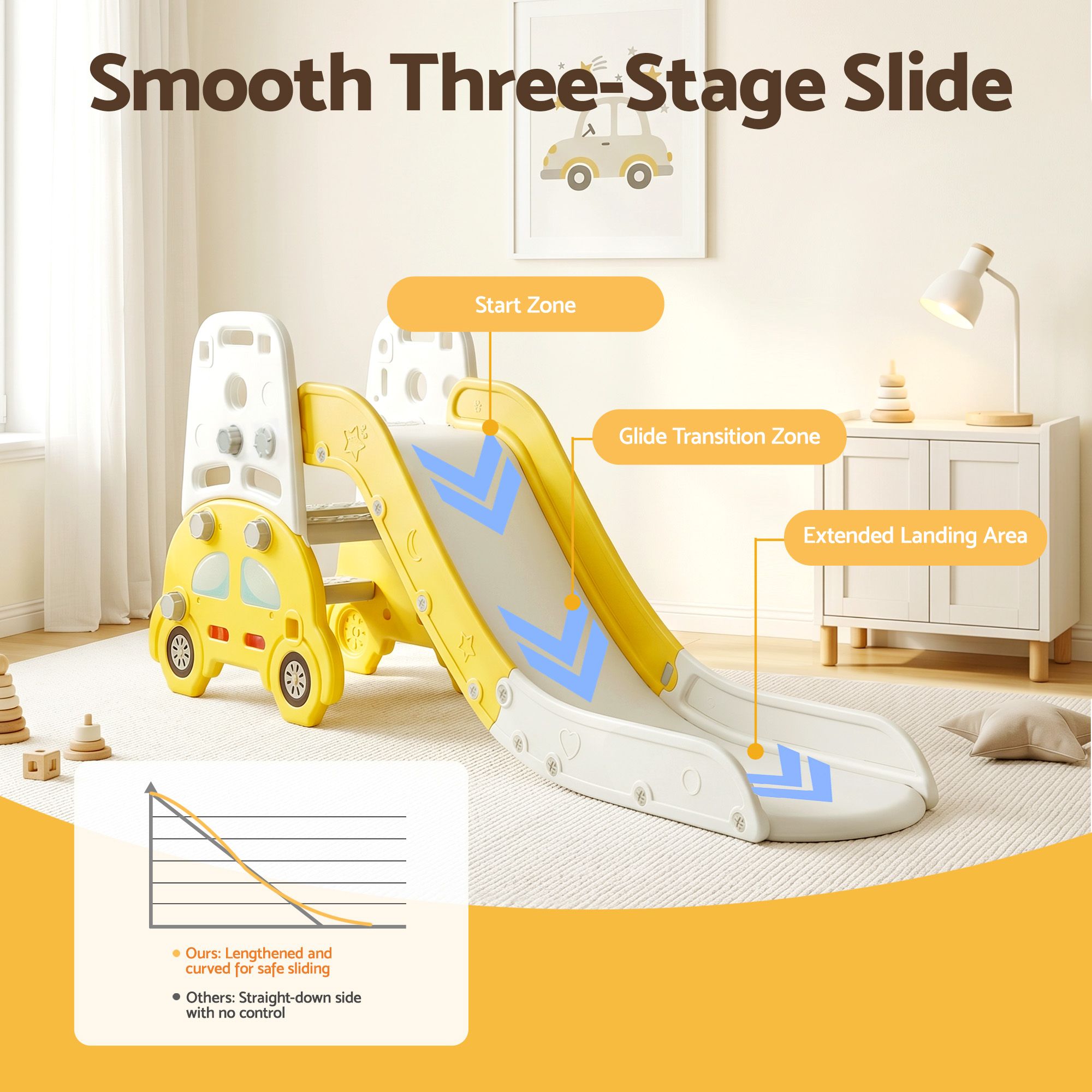 Keezi Kids Slide Set Toddler Indoor Playset Bookshelf Drawing Board Yellow KPS-SLIDE-CAR-YE