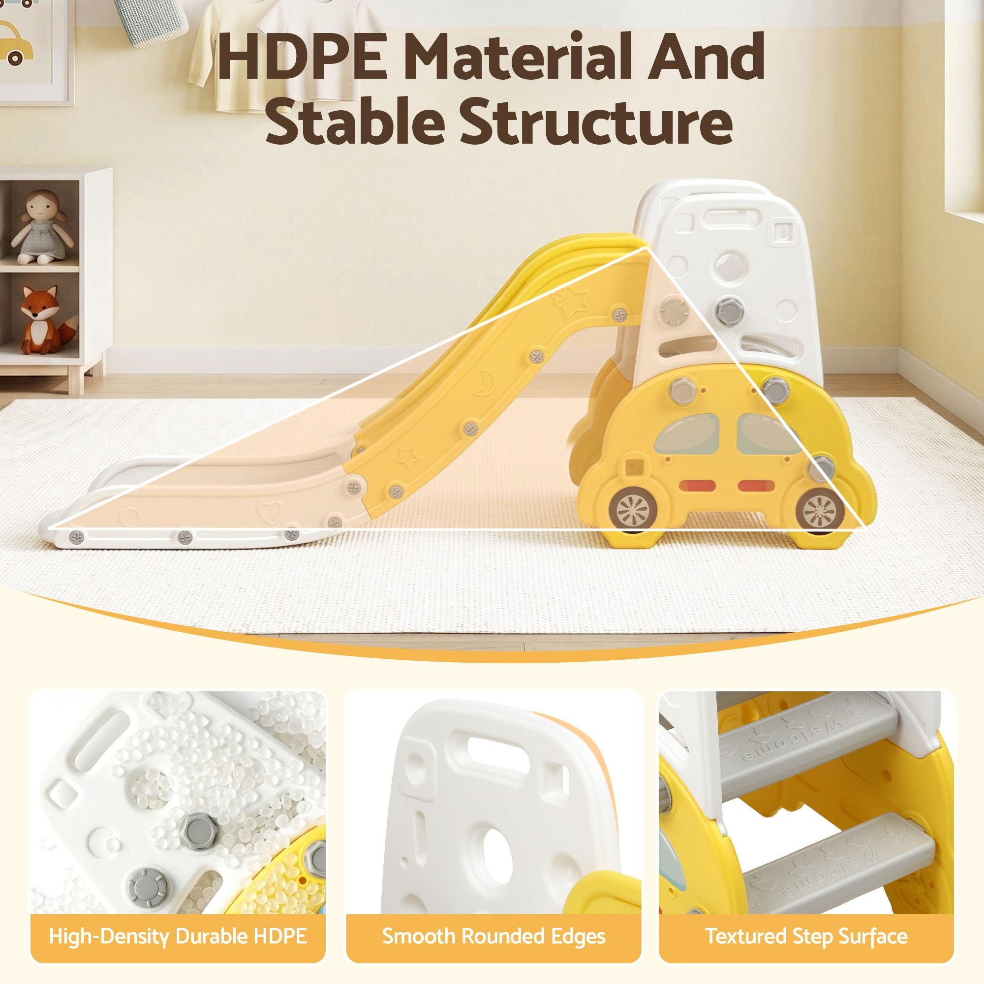 Keezi Kids Slide Set Toddler Indoor Playset Bookshelf Drawing Board Yellow KPS-SLIDE-CAR-YE