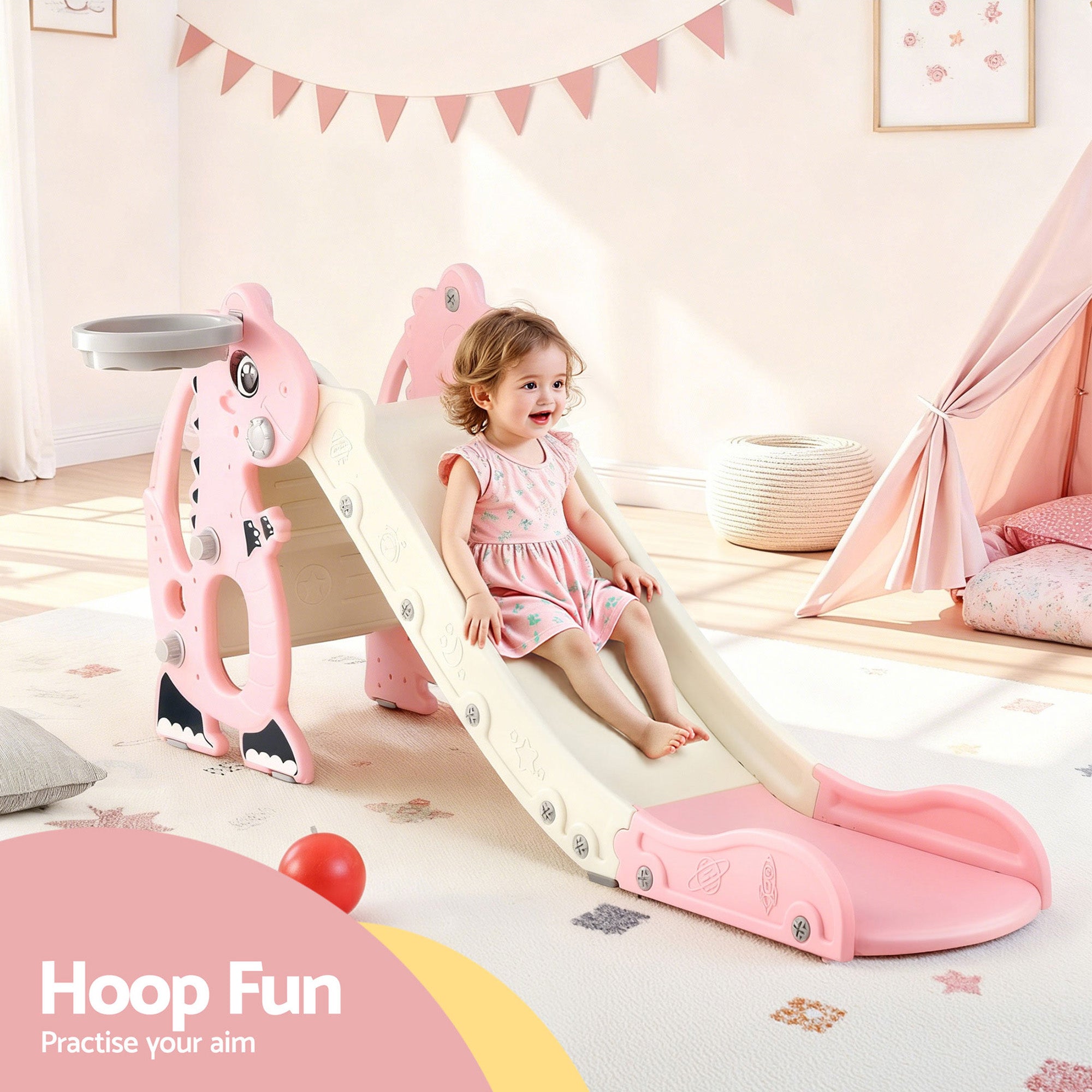 Keezi Kids Slide Set Basketball Hoop Outdoor Playground Toy Dragon 125cm Slide Pink KPS-SLIDE-DRAGON-PK