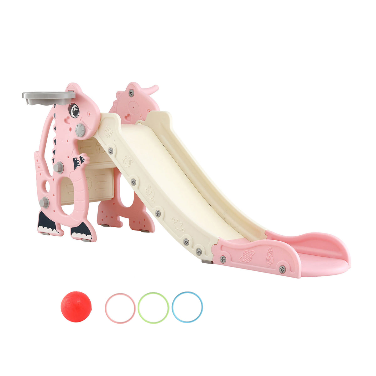 Keezi Kids Slide Set Basketball Hoop Outdoor Playground Toy Dragon 125cm Slide Pink KPS-SLIDE-DRAGON-PK