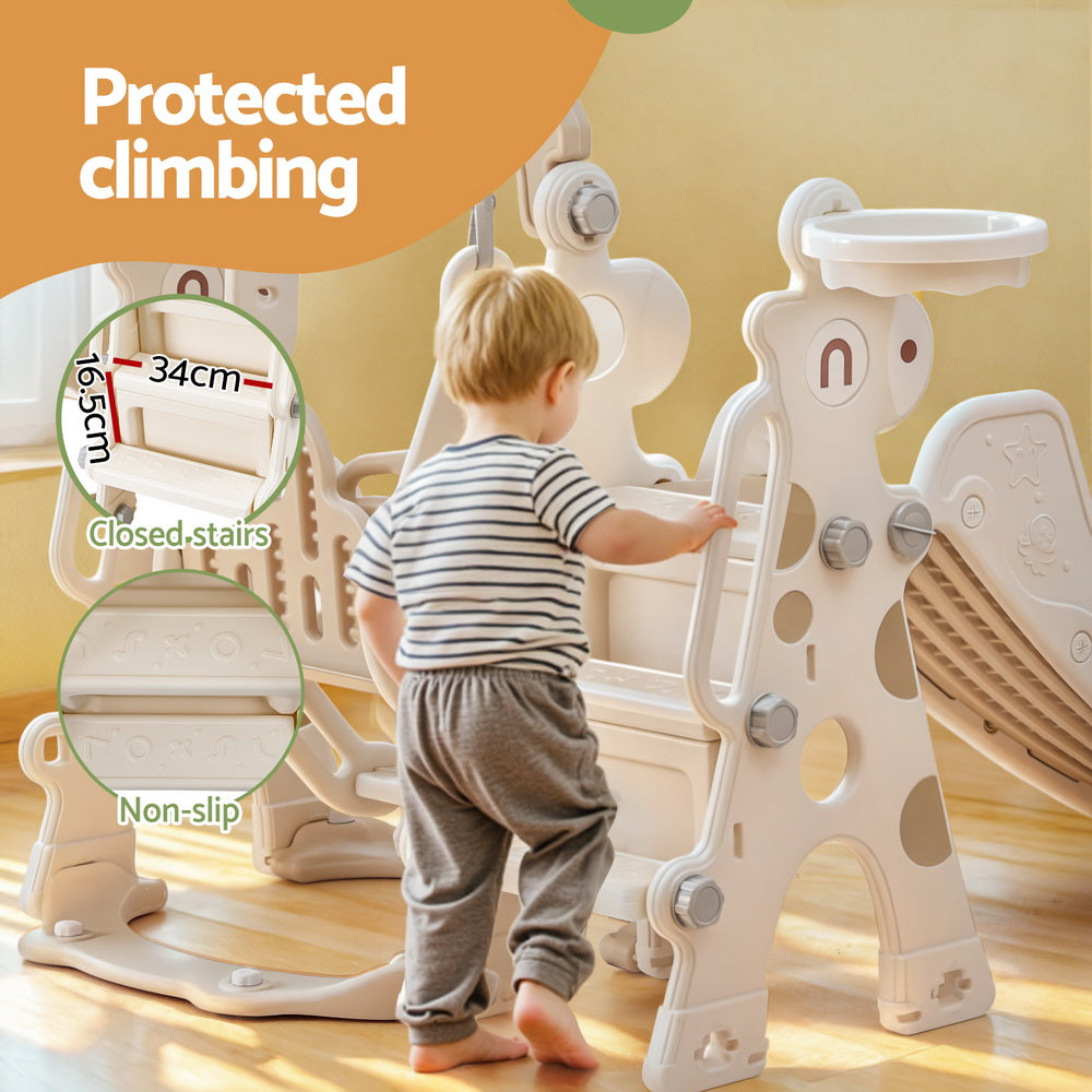 Keezi Kids Slide Swing Set Basketball Hoop Outdoor Playground Toys 160cm Beige KPS-SLIDE-GIRAFFE-BE