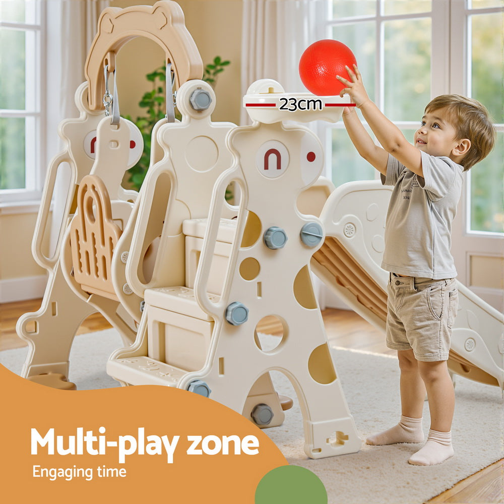 Keezi Kids Slide Swing Set Basketball Hoop Outdoor Playground Toys 160cm Beige KPS-SLIDE-GIRAFFE-BE