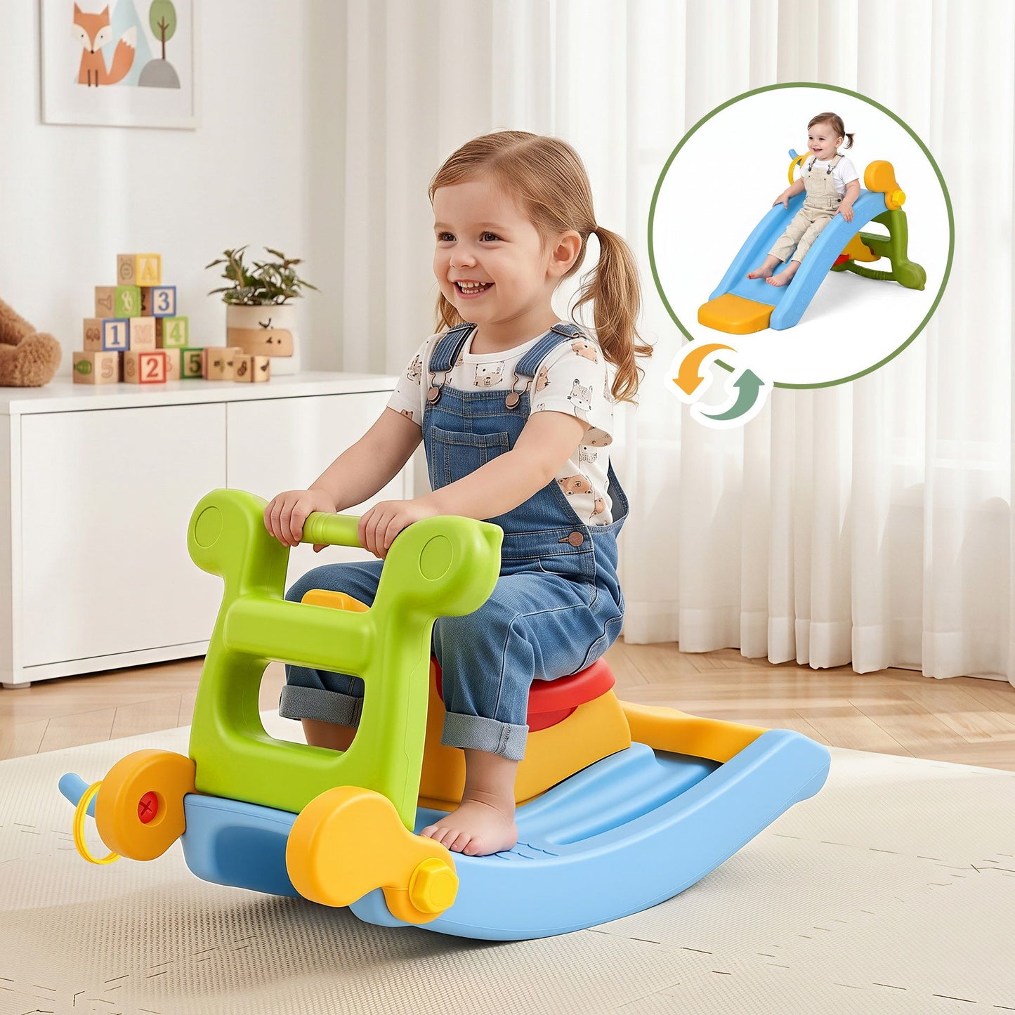 Keezi Kids Slide Set Toddler Indoor Playset Rocking Horse Ring Toss Multi Colour KPS-SLIDE-HRS-CLF