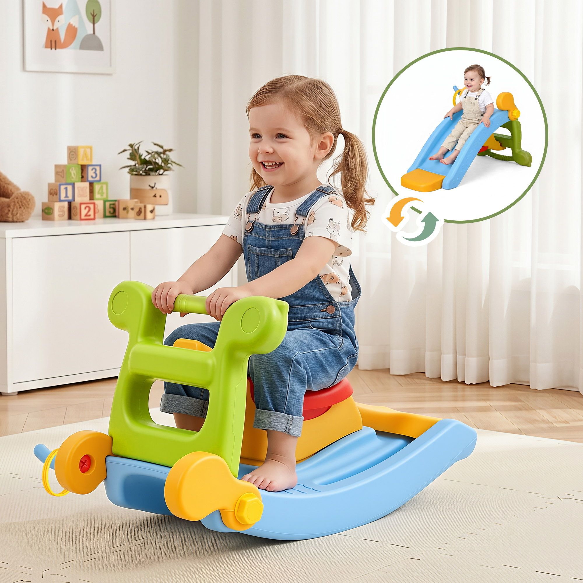 Keezi Kids Slide Set Toddler Indoor Playset Rocking Horse Ring Toss Multi Colour KPS-SLIDE-HRS-CLF