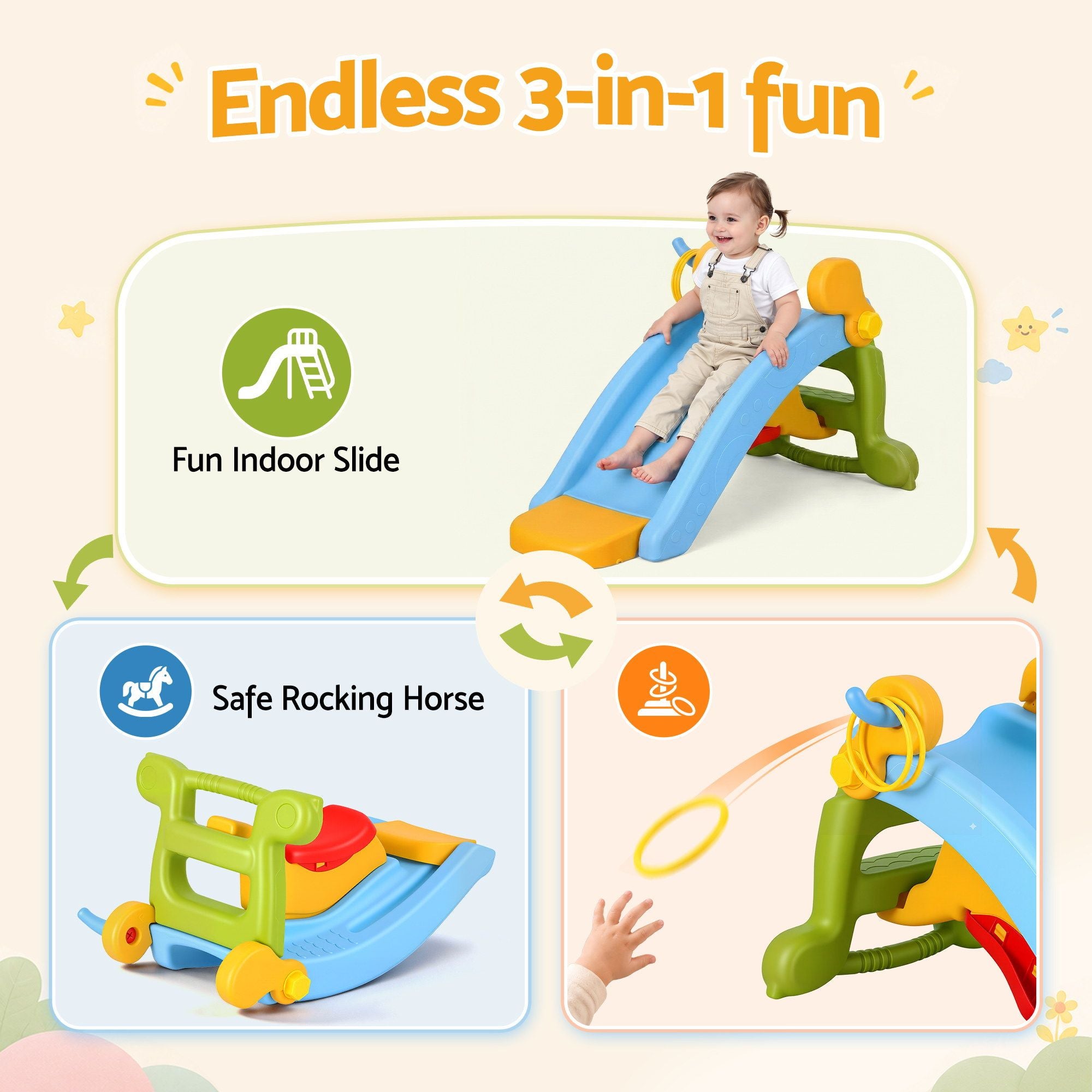 Keezi Kids Slide Set Toddler Indoor Playset Rocking Horse Ring Toss Multi Colour KPS-SLIDE-HRS-CLF