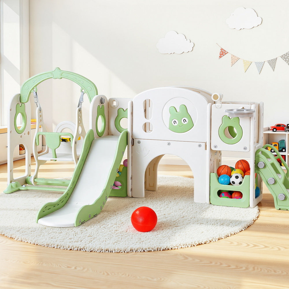 Keezi Kids Slide Swing Set Basketball Hoop Ring Football Outdoor Toys 140cm Green KPS-SLIDE-INSECT-4IN1-GN