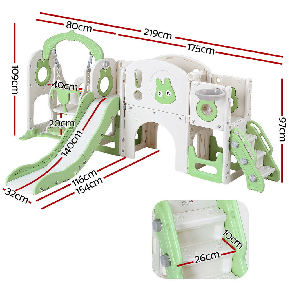 Keezi Kids Slide Swing Set Basketball Hoop Ring Football Outdoor Toys 140cm Green KPS-SLIDE-INSECT-4IN1-GN
