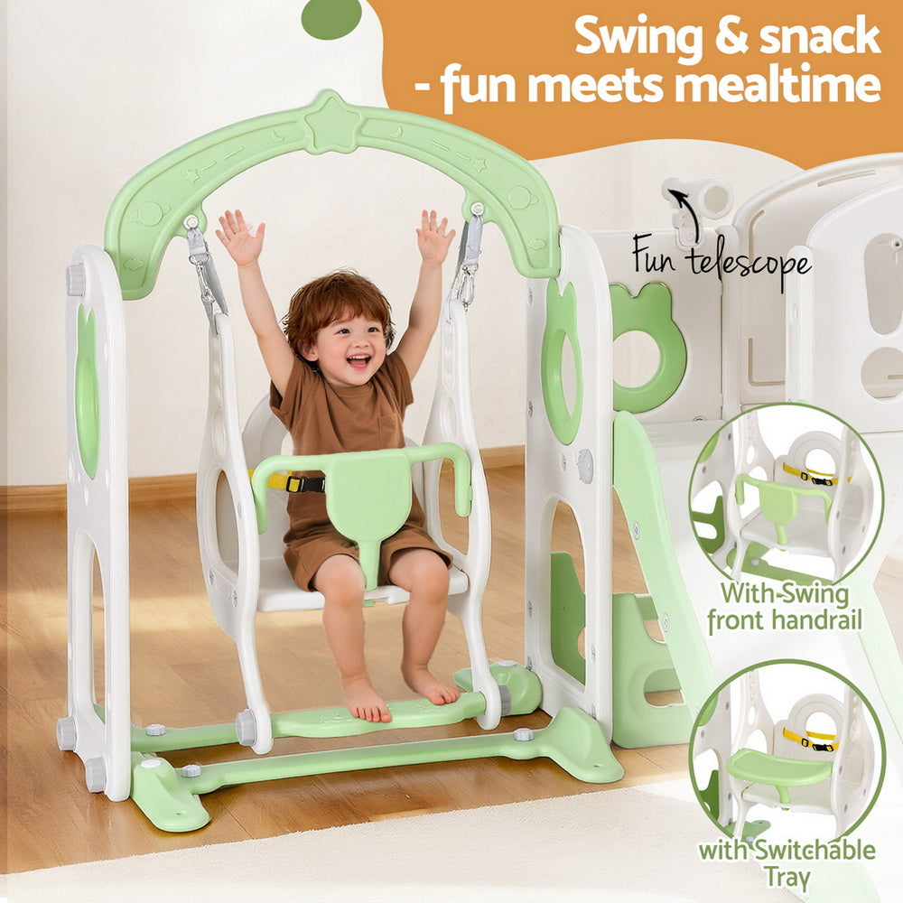 Keezi Kids Slide Swing Set Basketball Hoop Ring Football Outdoor Toys 140cm Green KPS-SLIDE-INSECT-4IN1-GN