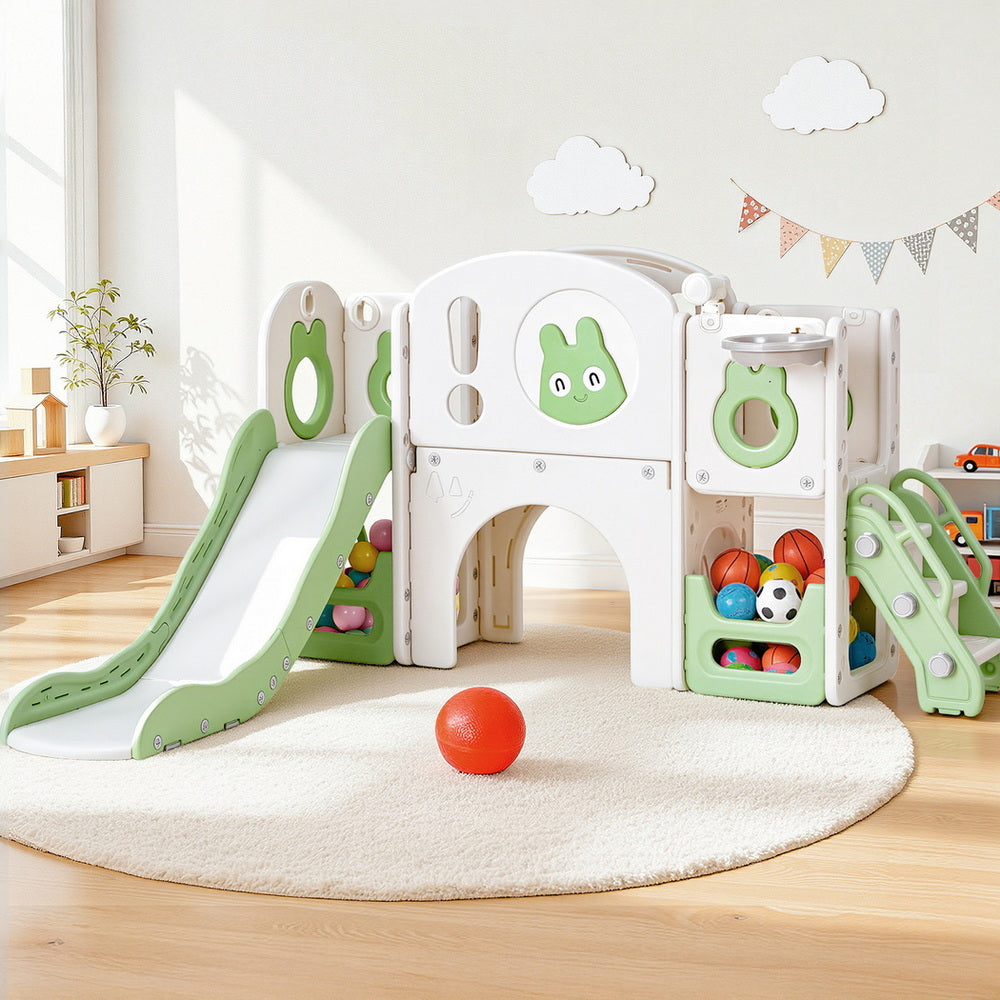 Keezi Kids Slide Swing Set Ball Hoop Rings Football Outdoor Toys Green KPS-SLIDE-INSECT-GN