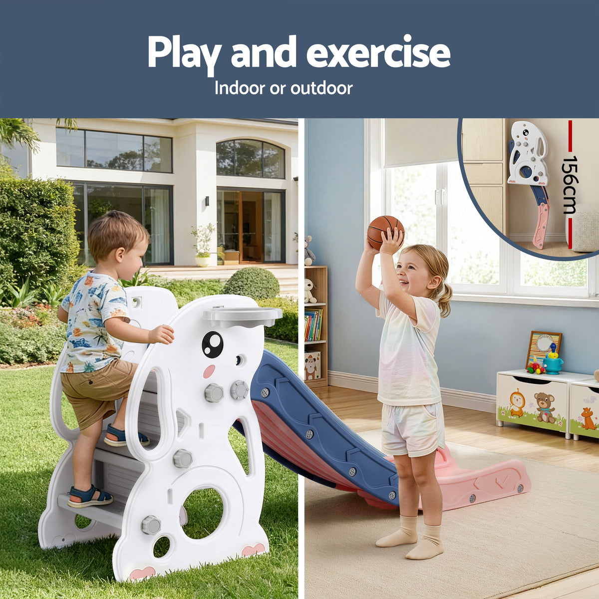 Keezi Kids Slide Set Basketball Hoop Ring Outdoor Playground Toy Rabbit 147cm KPS-SLIDE-RABBIT-PK