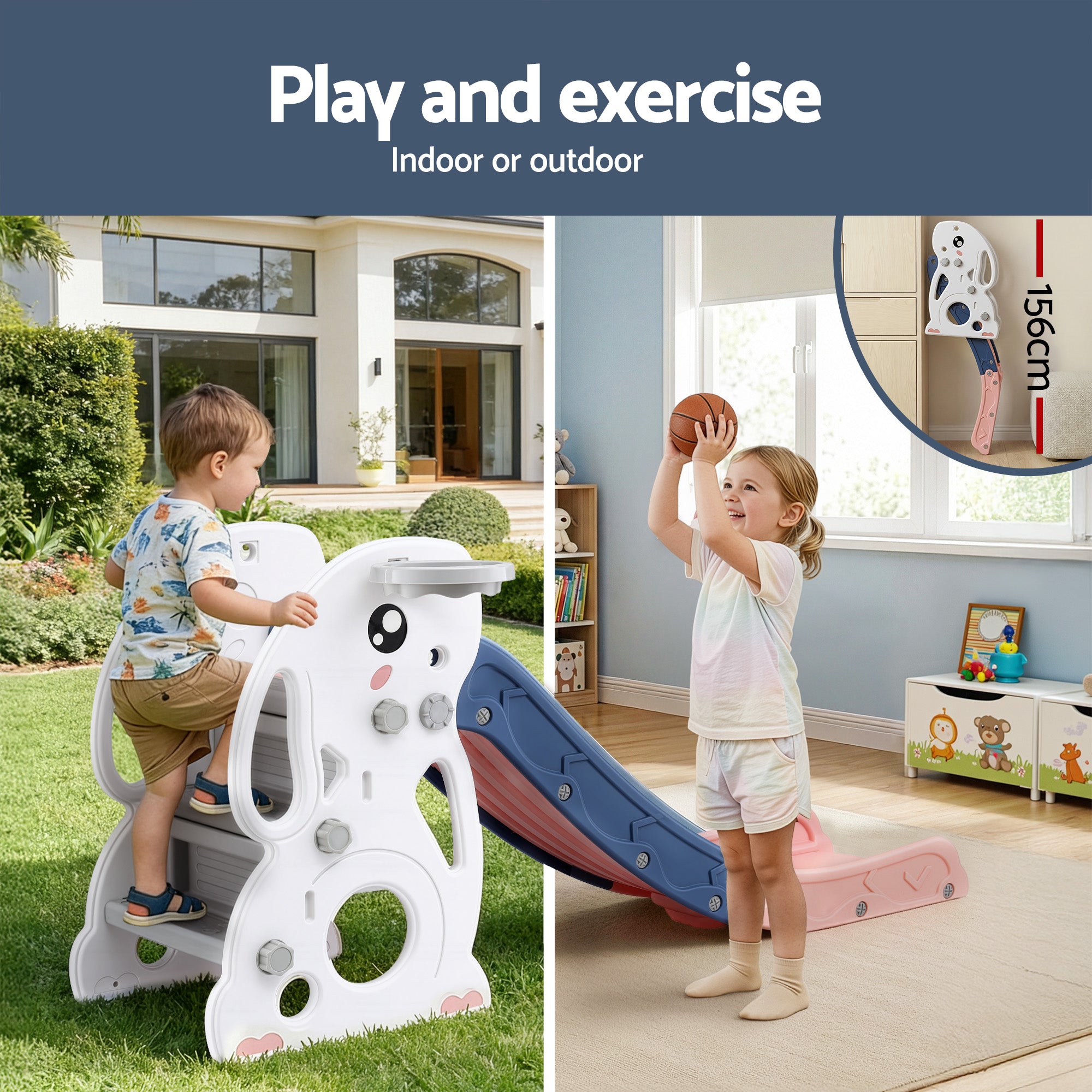 Keezi Kids Slide Set Basketball Hoop Ring Outdoor Playground Toy Rabbit 147cm KPS-SLIDE-RABBIT-PK