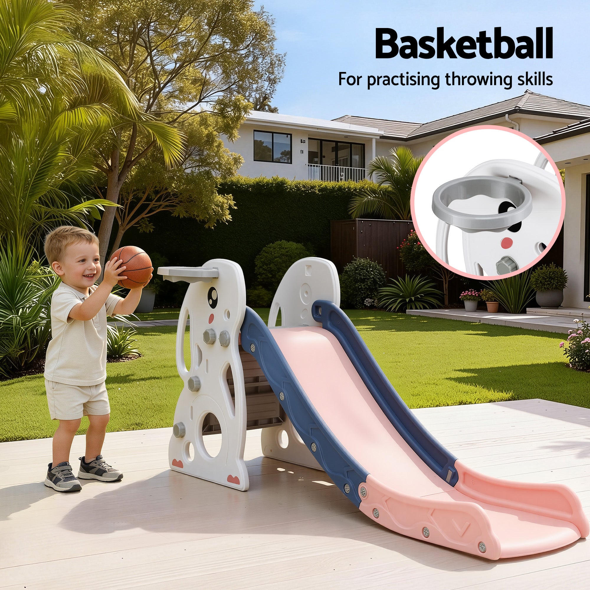 Keezi Kids Slide Set Basketball Hoop Ring Outdoor Playground Toy Rabbit 147cm KPS-SLIDE-RABBIT-PK