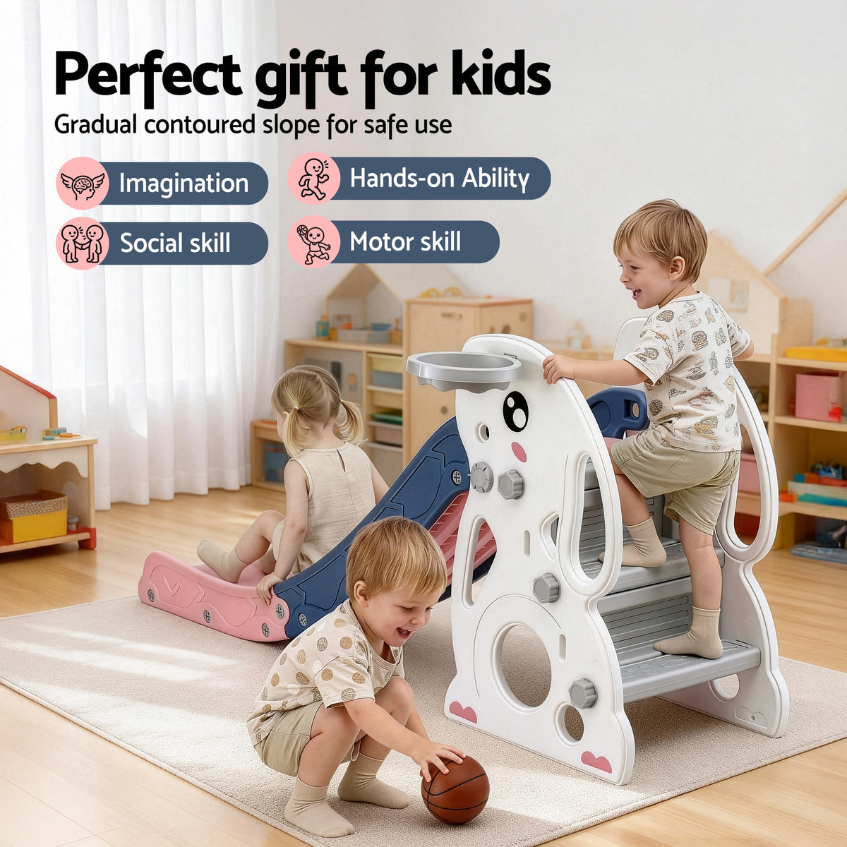 Keezi Kids Slide Set Basketball Hoop Ring Outdoor Playground Toy Rabbit 147cm KPS-SLIDE-RABBIT-PK
