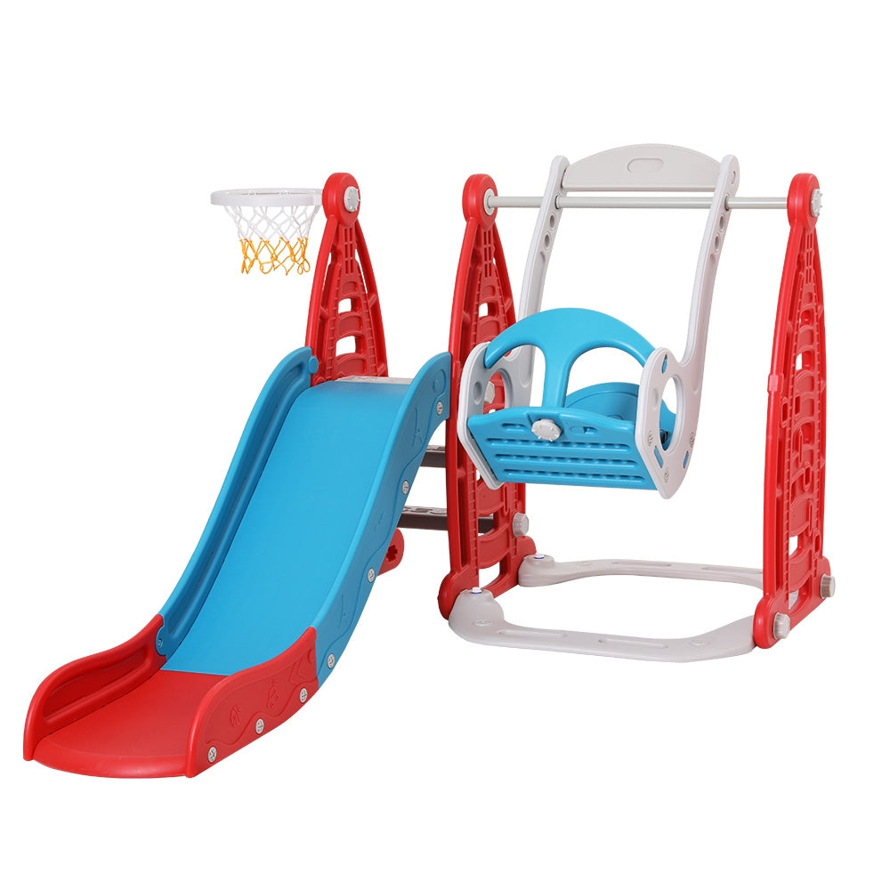 Keezi Kids Slide Swing Set Basketball Hoop Rings Football Outdoor Toys 140cm Red KPS-SLIDE-SWING-6IN1-RD