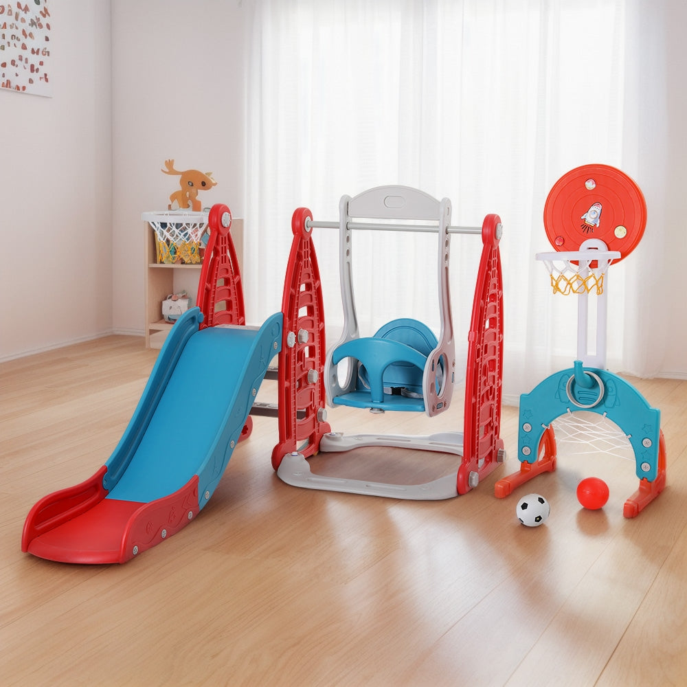Keezi Kids Slide Swing Set Basketball Hoop Rings Football Outdoor Toys 140cm Red KPS-SLIDE-SWING-6IN1-RD