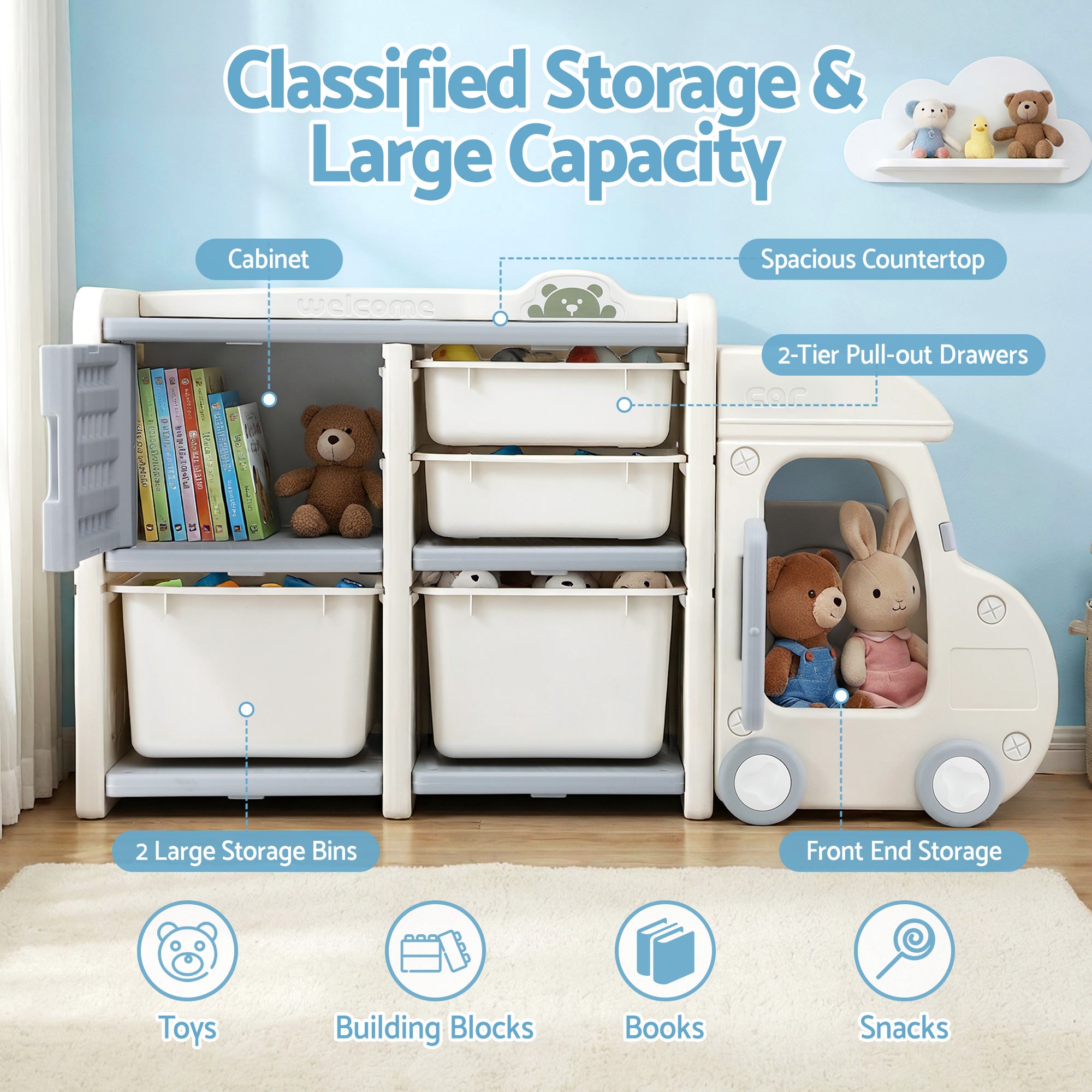 Keezi Toy Storage Organizer with 4 Storage Bins and Cabinet, Bookcase Kids Toys Box, Toy Storage for Kids KPS-TOY2T-4BIN-BG