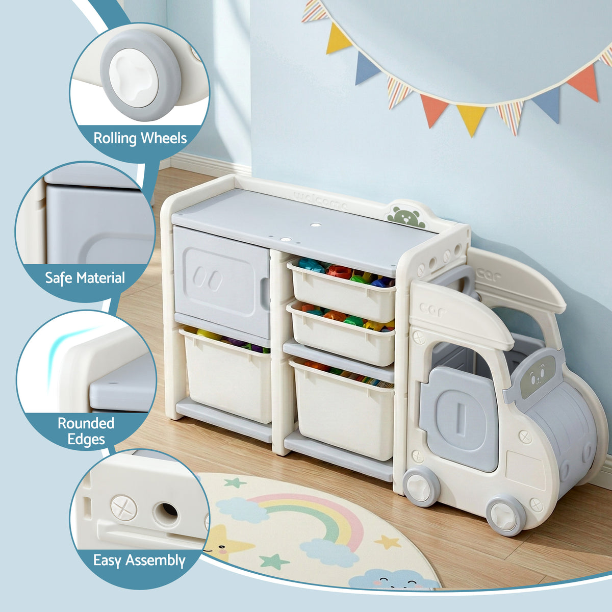 Keezi Toy Storage Organizer with 4 Storage Bins and Cabinet, Bookcase Kids Toys Box, Toy Storage for Kids KPS-TOY2T-4BIN-BG