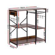 Artiss 3-Tier Kitchen Rack with 2 Power Outlets Microwave Storage Shelf 6 Hooks 90CM KR-MEL-3S-90-2AC-BKBR