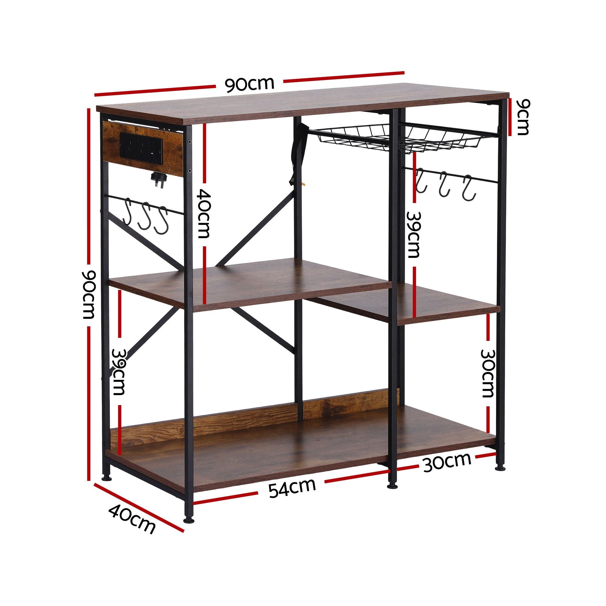 Artiss 3-Tier Kitchen Rack with 2 Power Outlets Microwave Storage Shelf 6 Hooks 90CM KR-MEL-3S-90-2AC-BKBR