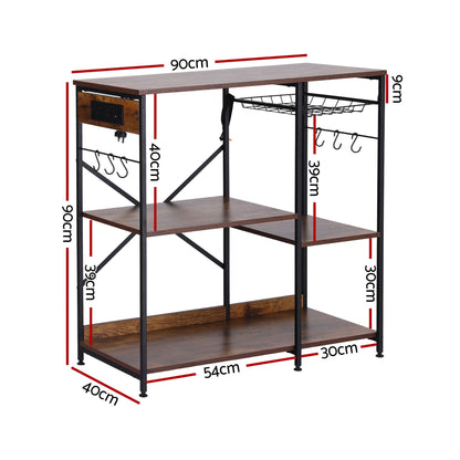 Artiss 3-Tier Kitchen Rack with 2 Power Outlets Microwave Storage Shelf 6 Hooks 90CM KR-MEL-3S-90-2AC-BKBR