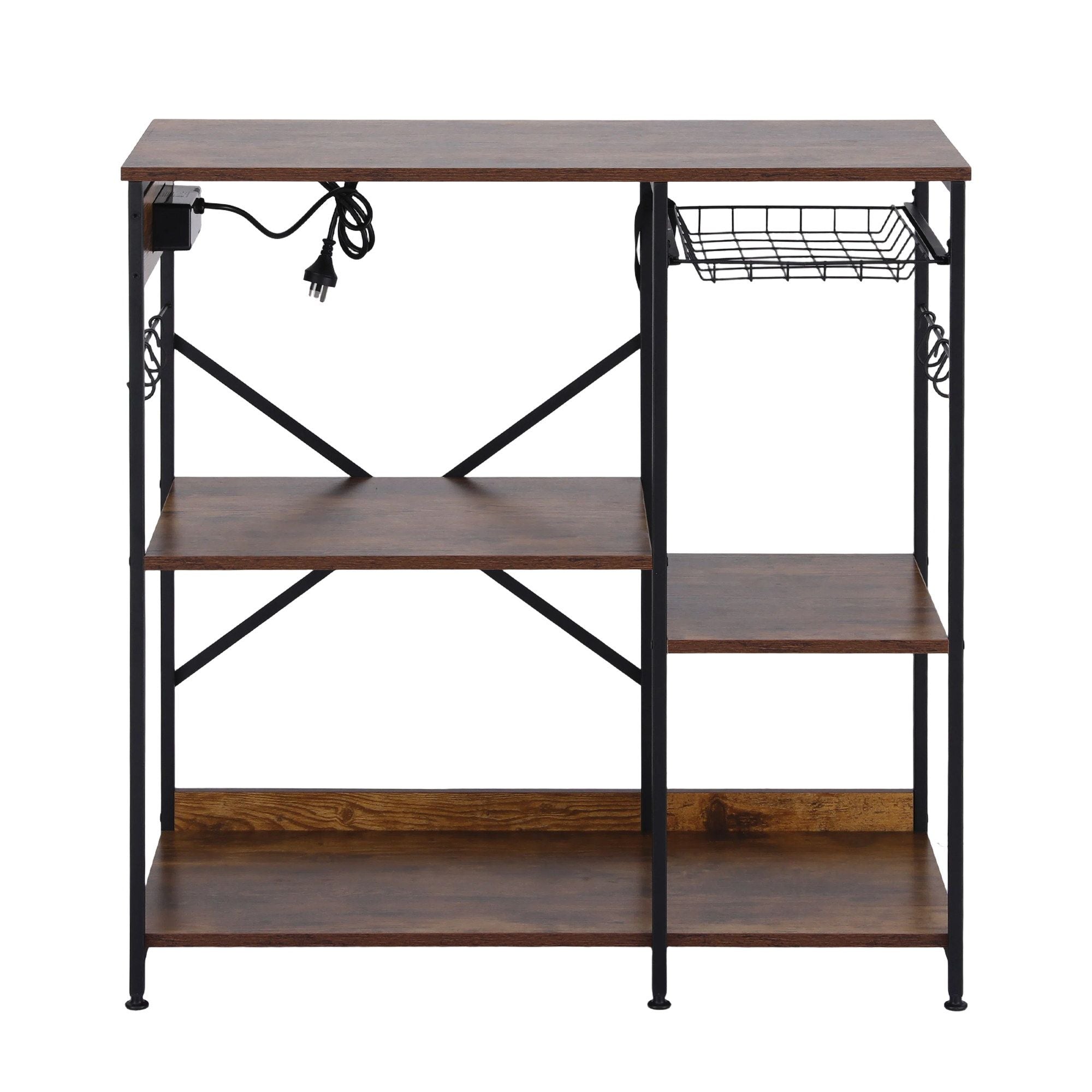 Artiss 3-Tier Kitchen Rack with 2 Power Outlets Microwave Storage Shelf 6 Hooks 90CM KR-MEL-3S-90-2AC-BKBR