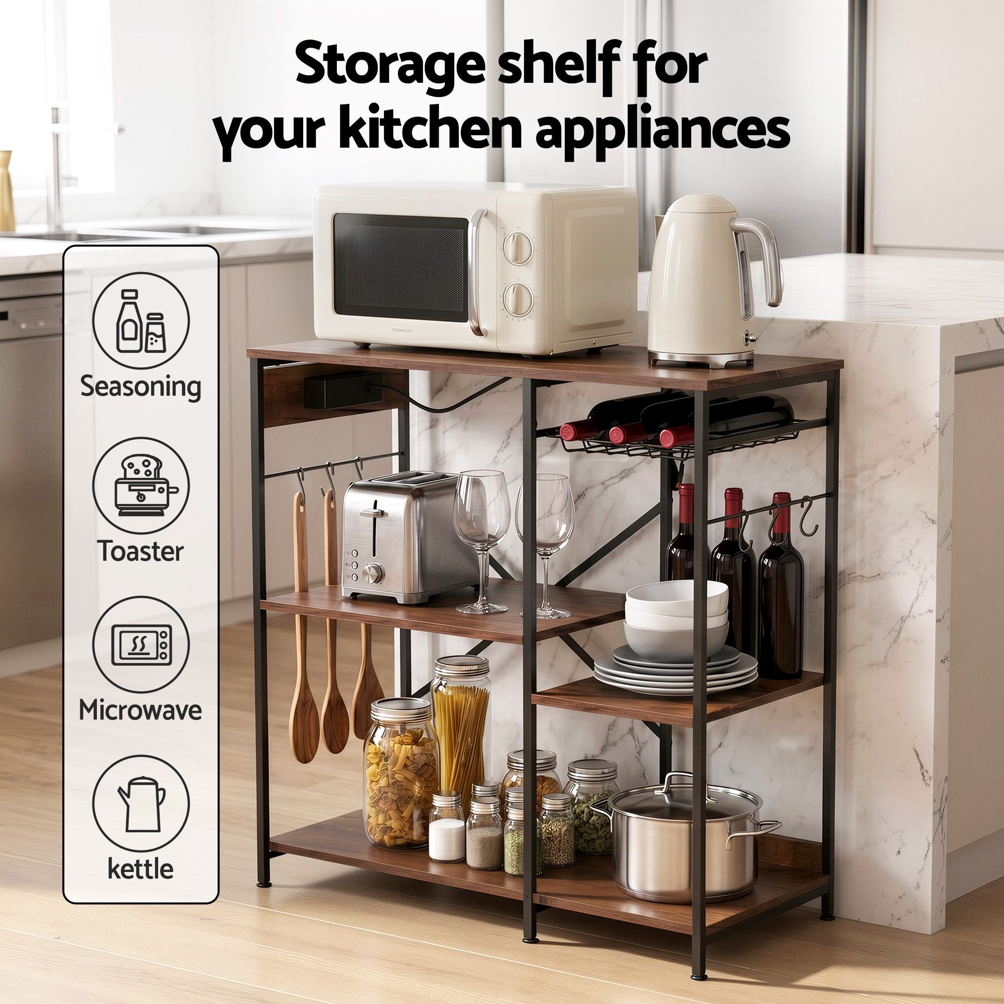 Artiss 3-Tier Kitchen Rack with 2 Power Outlets Microwave Storage Shelf 6 Hooks 90CM KR-MEL-3S-90-2AC-BKBR
