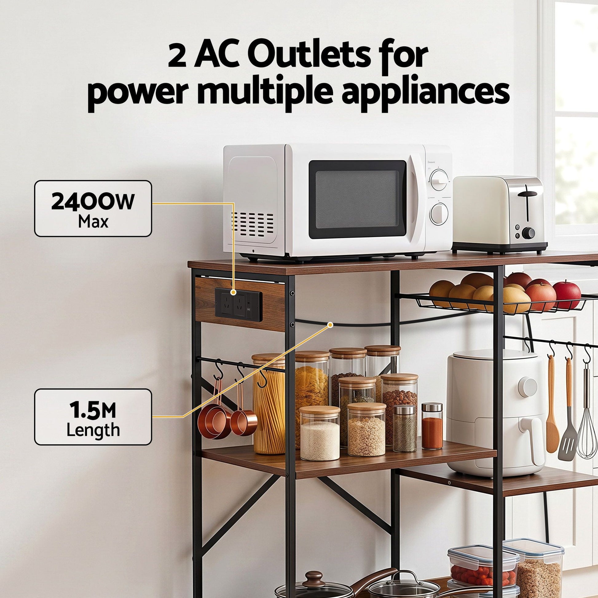 Artiss 3-Tier Kitchen Rack with 2 Power Outlets Microwave Storage Shelf 6 Hooks 90CM KR-MEL-3S-90-2AC-BKBR