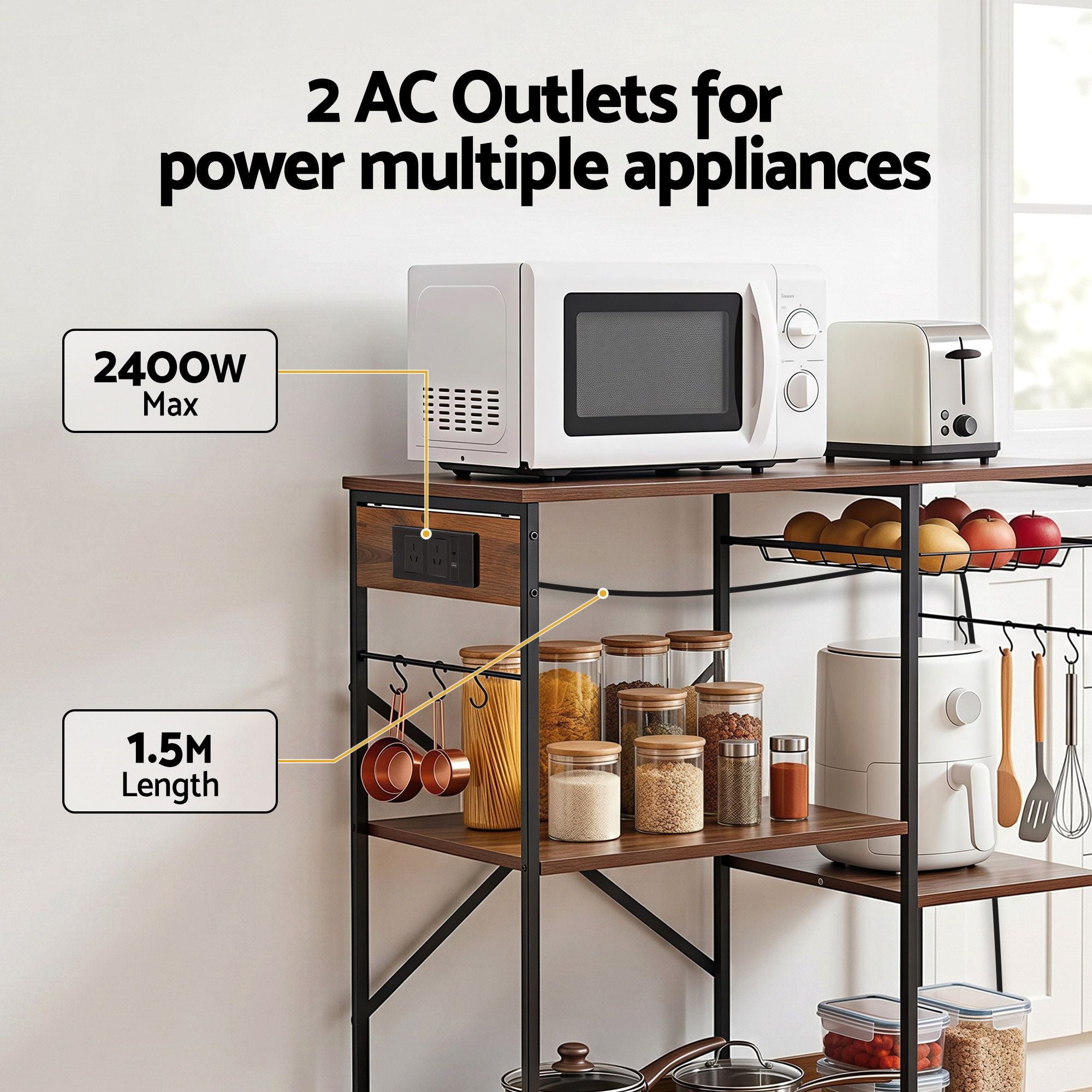 Artiss 3-Tier Kitchen Rack with 2 Power Outlets Microwave Storage Shelf 6 Hooks 90CM KR-MEL-3S-90-2AC-BKBR
