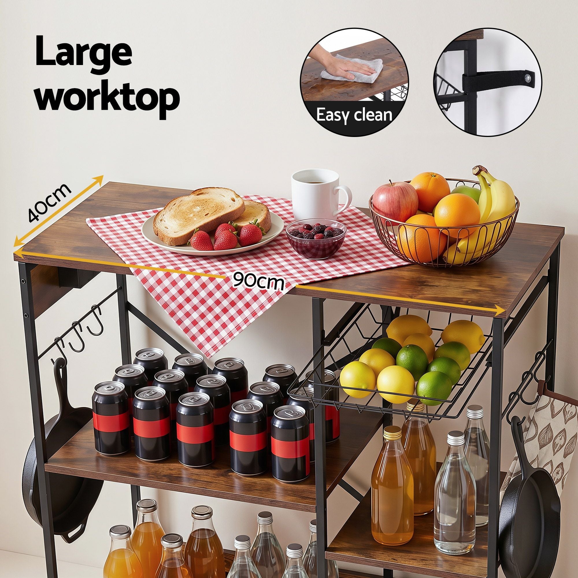 Artiss 3-Tier Kitchen Rack with 2 Power Outlets Microwave Storage Shelf 6 Hooks 90CM KR-MEL-3S-90-2AC-BKBR