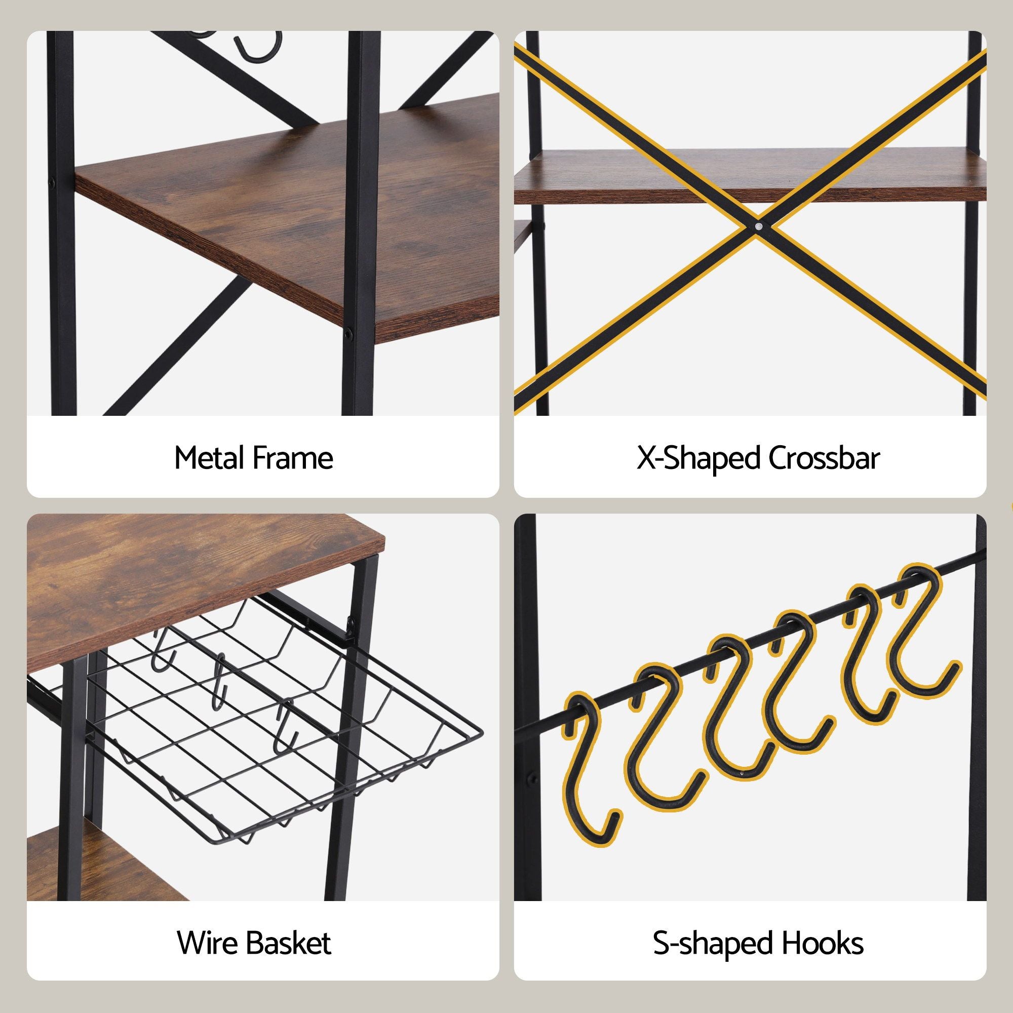 Artiss 3-Tier Kitchen Rack with 2 Power Outlets Microwave Storage Shelf 6 Hooks 90CM KR-MEL-3S-90-2AC-BKBR