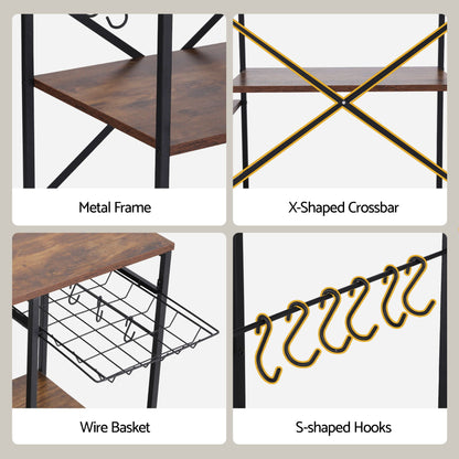 Artiss 3-Tier Kitchen Rack with 2 Power Outlets Microwave Storage Shelf 6 Hooks 90CM KR-MEL-3S-90-2AC-BKBR
