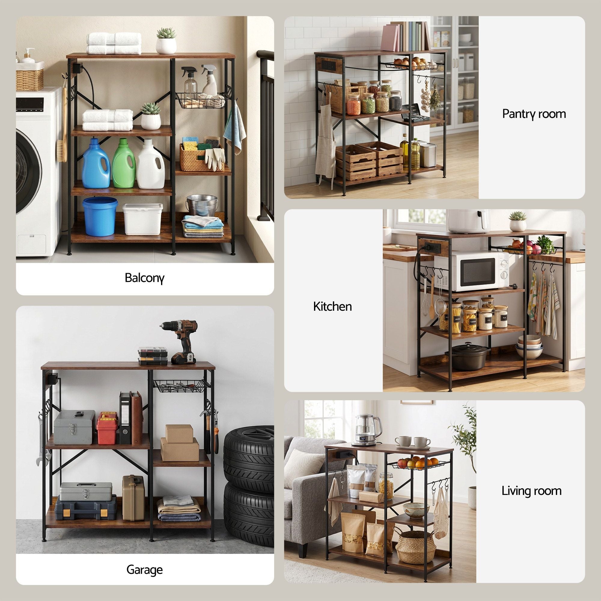 Artiss 3-Tier Kitchen Rack with 2 Power Outlets Microwave Storage Shelf 6 Hooks 90CM KR-MEL-3S-90-2AC-BKBR