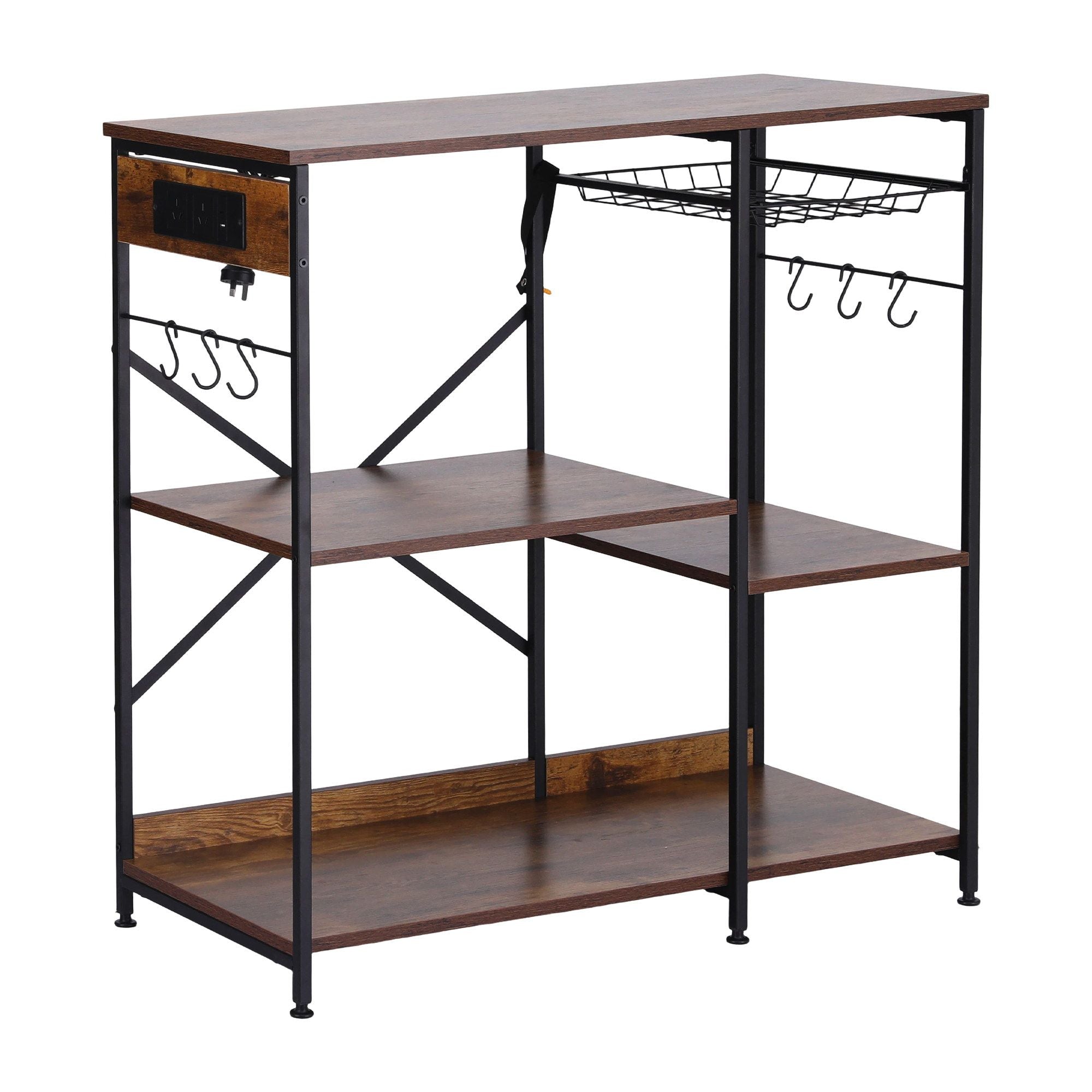 Artiss 3-Tier Kitchen Rack with 2 Power Outlets Microwave Storage Shelf 6 Hooks 90CM KR-MEL-3S-90-2AC-BKBR