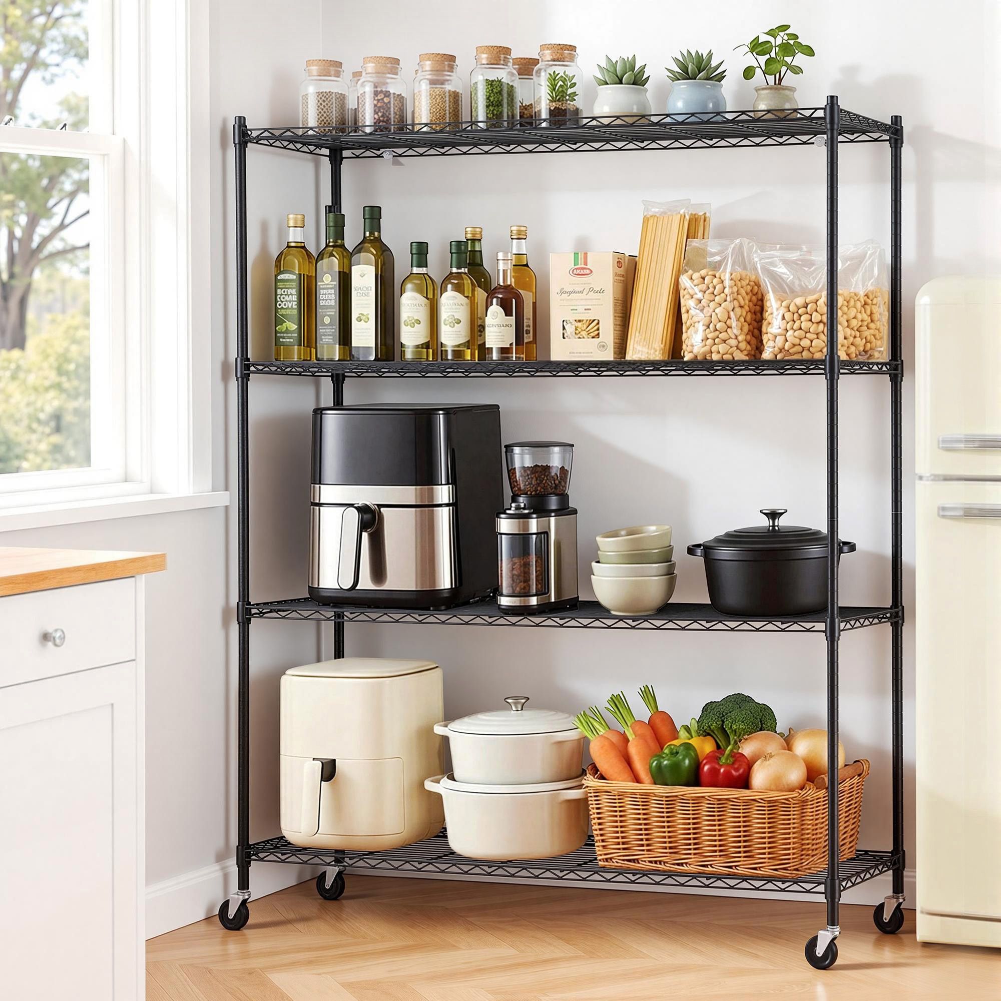 Artiss 4-Tier Kitchen Rack Shelf with Wheels Shelving 152x45x187CM Adjustable Metal Storage Shelves KR-MEL-4S-150-BK