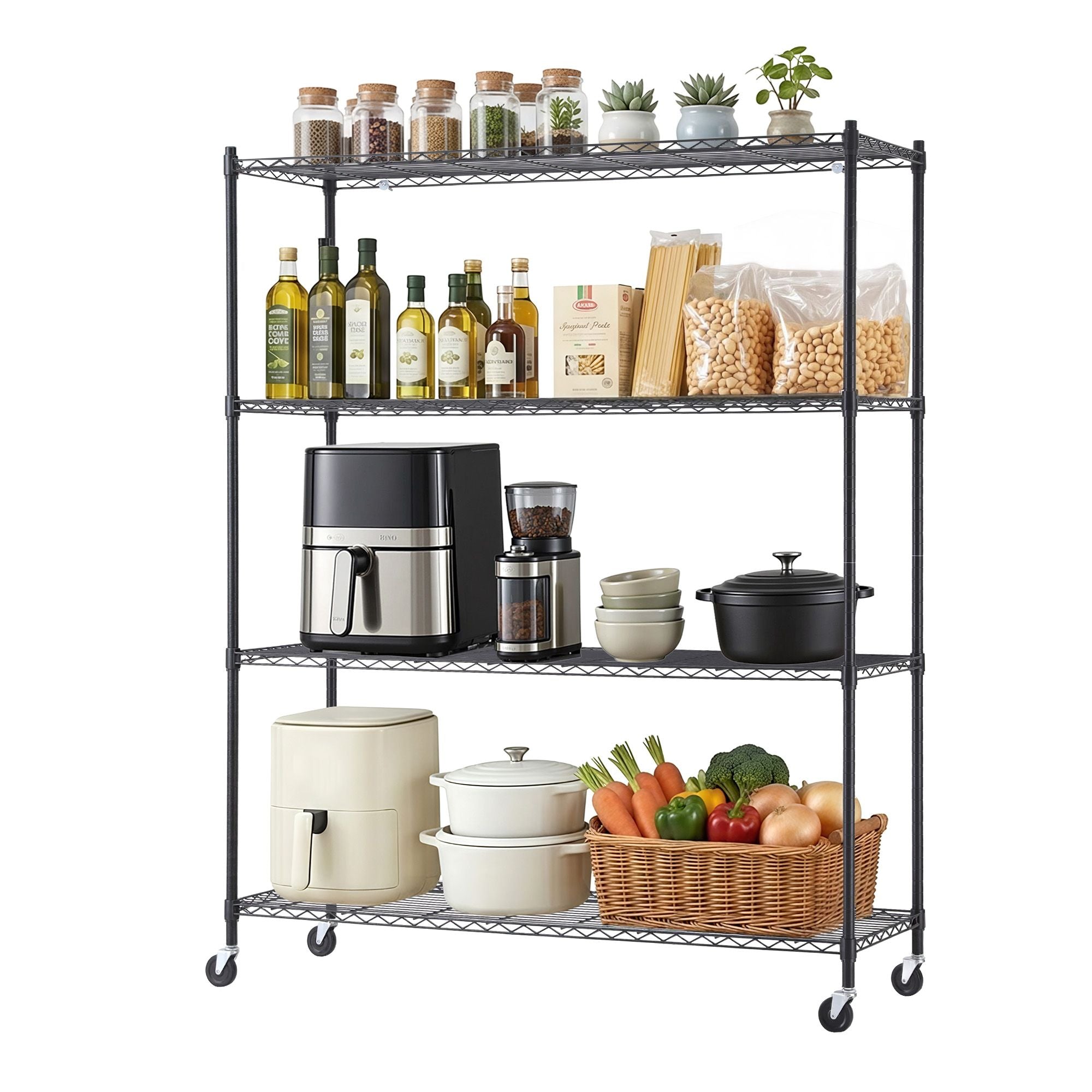 Artiss 4-Tier Kitchen Rack Shelf with Wheels Shelving 152x45x187CM Adjustable Metal Storage Shelves KR-MEL-4S-150-BK